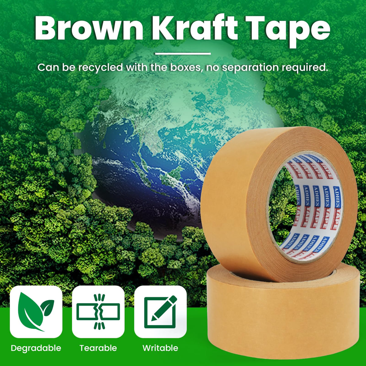 ADHES Kraft Paper Tape, 2 Inch x 44 Yards, 6 Rolls Writable & Uncoated Heavy Duty Paper Tape, Biodegradable Brown Packing Tape for Sealing, Packaging & Moving