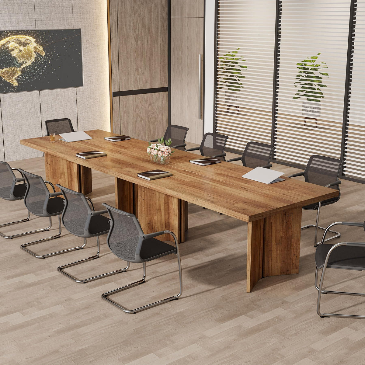 Tribesigns 10.5FT Conference Table, Large Rectangle Meeting Seminar Table for 10-12 Person, Long Wooden Business Tables (Set of 2, Walnut)
