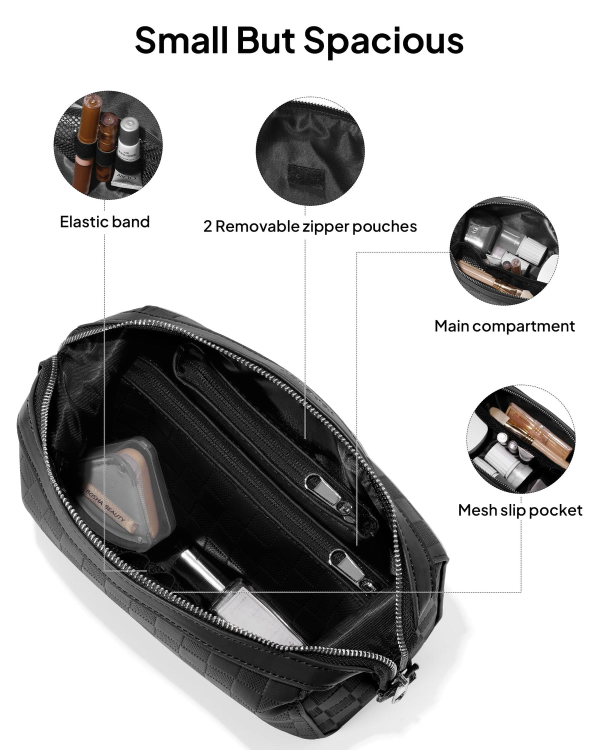 TOPEAST Travel Makeup Bag Cosmetic Bags for Women, 3 Pcs Set Make Up Toiletry Bag with Removable Zip Pouch, Waterproof Leather Makeup Brush Organizer for Travel Essentials, Black