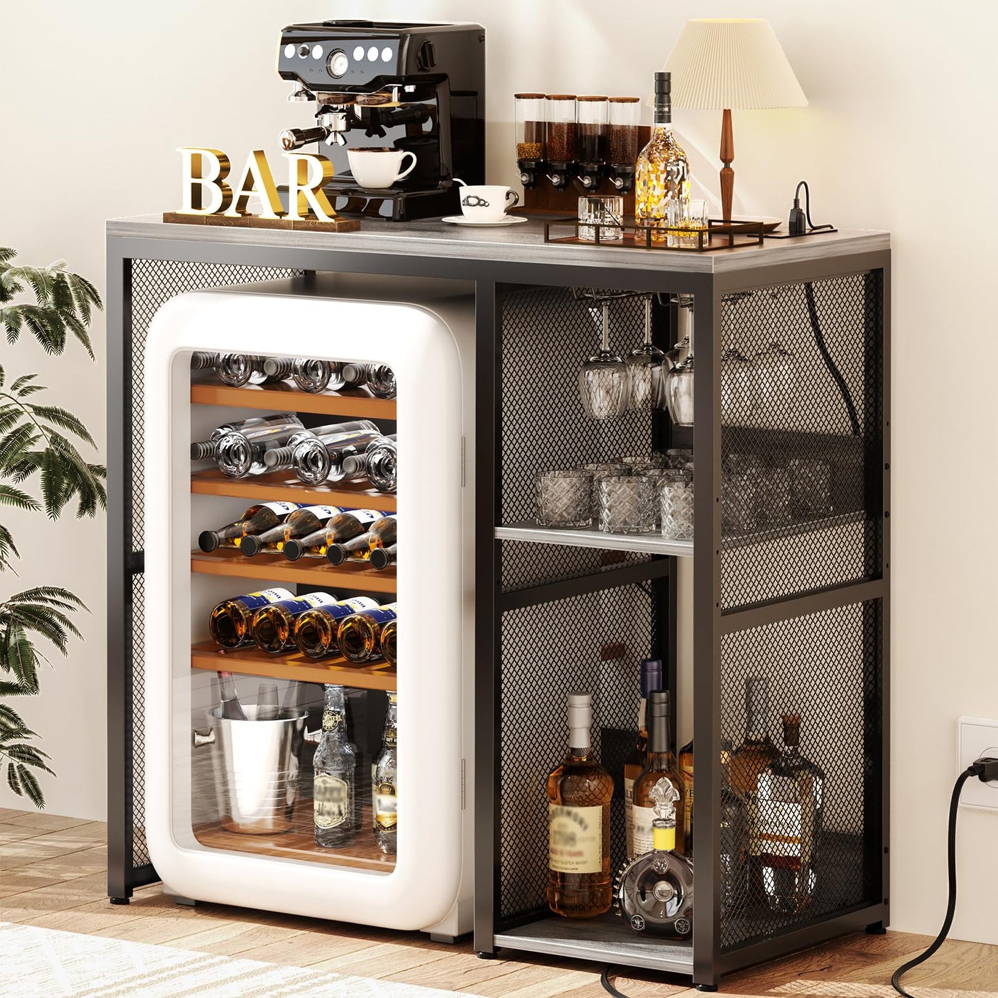 Homieasy Mini Fridge Cabinet with Power Outlet, Coffee Bar Cabinet with Mini Fridge Space, Industrial Liquor Cabinet with Wine Storage & Glass Holder for Dorm, Living Room, Home Kitchen, Light Oak