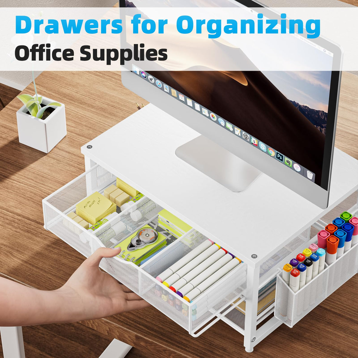 Marbrasse Wood Printer Stand for Desk, 2-Tier Desktop Printer Table for Home Office, Printer Stand with Storage Drawer 2 Pen Holders, Multi-Purpose Desk Organizer for Fax Machine Scanner(Wood White)