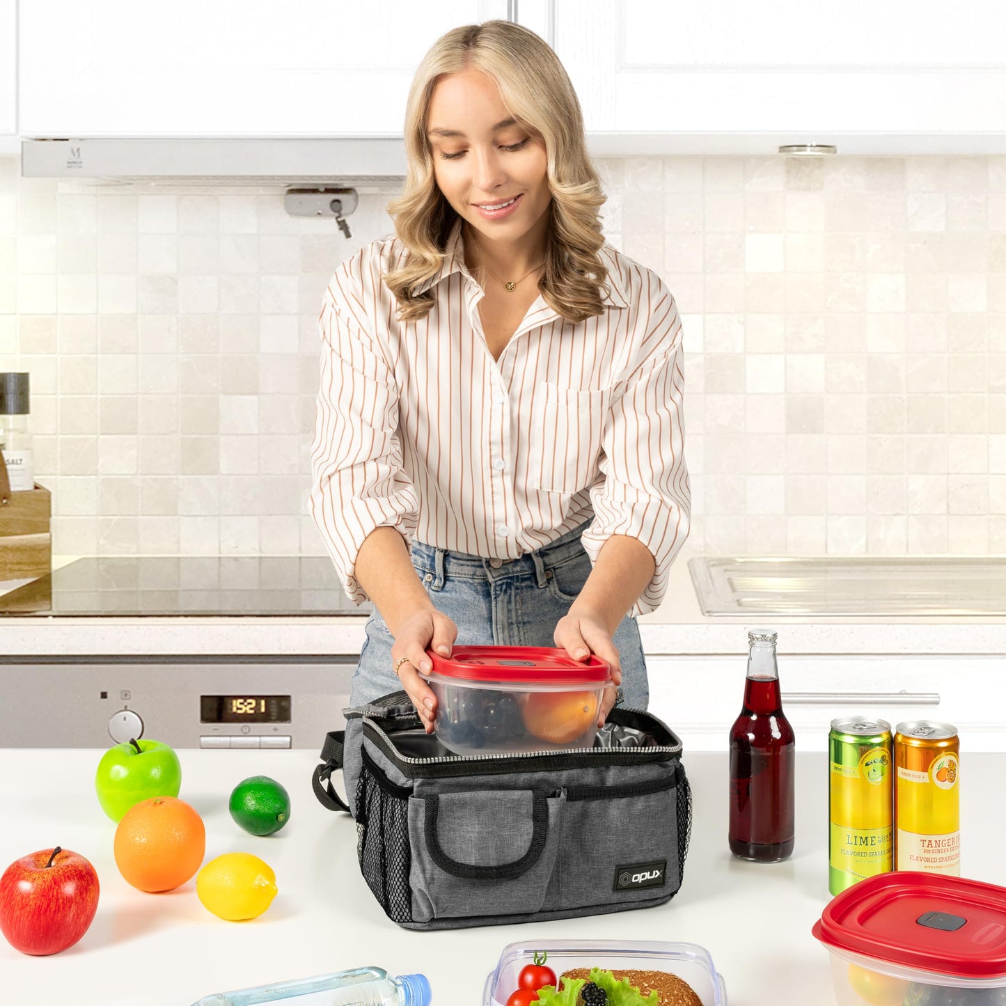 opux Insulated Lunch Bag Women Men, Dual Compartment Leakproof Lunch Box Adults Kids, Double Decker Meal Prep Bento Lunch Cooler Tote with Shoulder Strap for Work Office School Travel, Gray