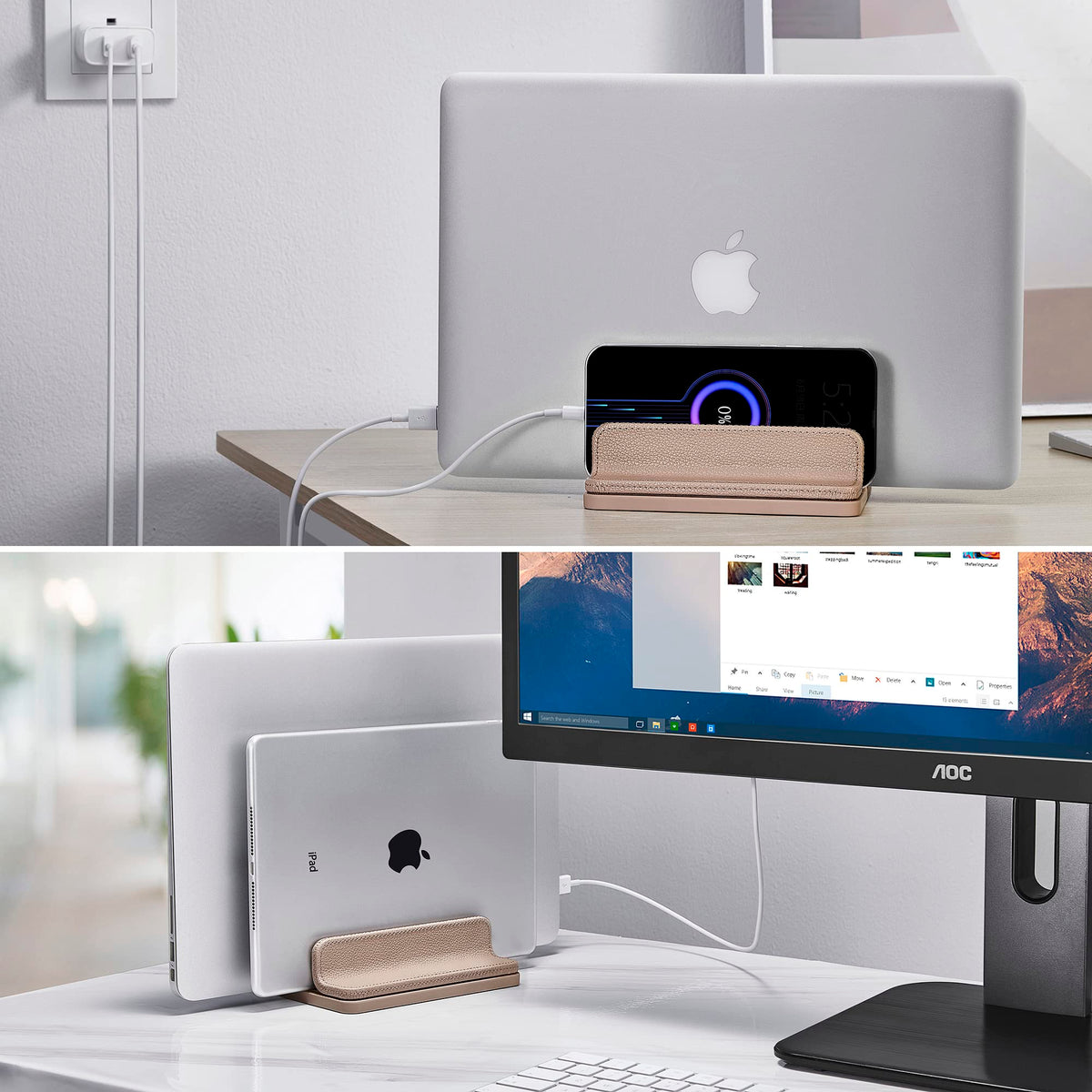 CoStySee Leather Vertical Laptop Stand,Dual Laptop Holder Stand,Laptop Organizer with Adjustable Dock (18-26mm/0.7-1 in) for All MacBook/Tablet/Surface/Dell/iPad (Apricot)