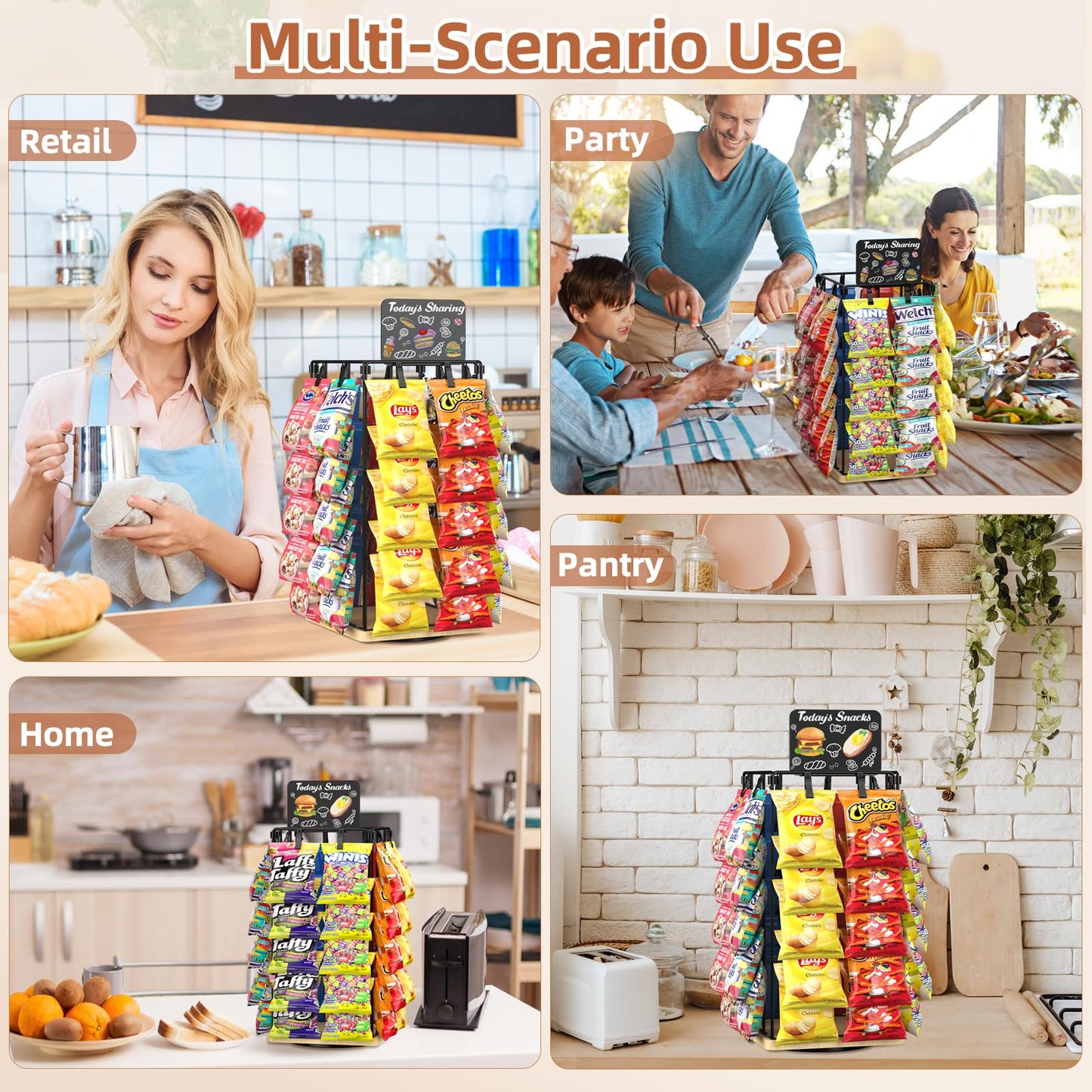 OFUSUY Chip Rack Display Stand, 5 Tiers 40 Clips Display Stand, 360°Rotating Wooden Base Chip Bag Holder for Concession Stand, Snack Organizer for Christmas Party, Retail, with Message Board
