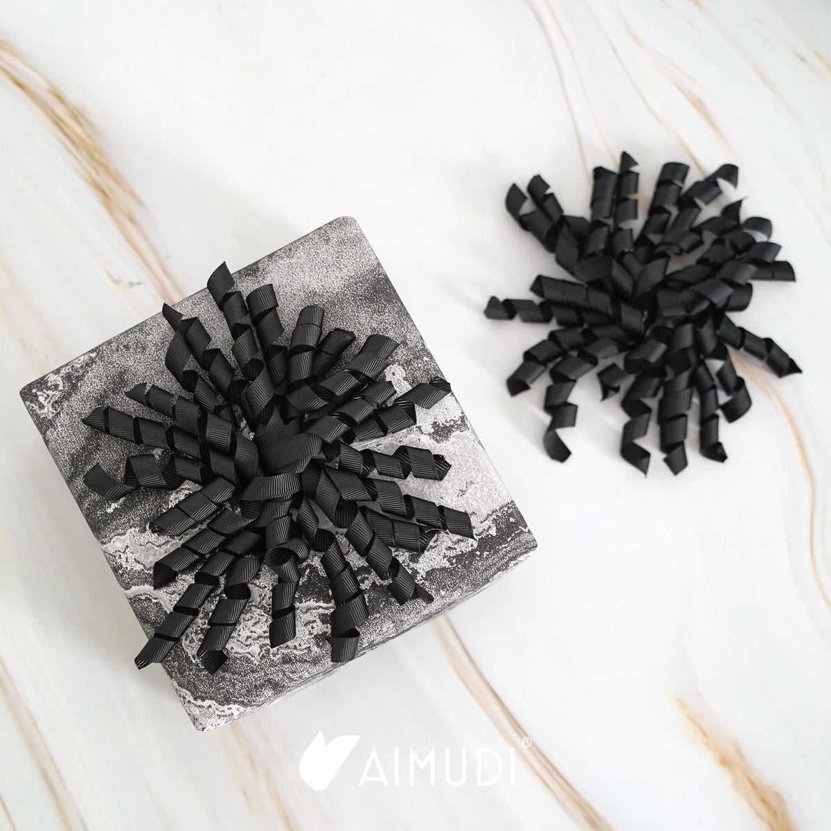 AIMUDI Black Bows 4" Black Burst Bows Self Adhesive Curly Ribbon Bows for Gift Wrapping Grosgrain Ribbon Twist Tie Bows for Treat Bags Gift Bags Christmas Wedding Party Decorations - 6 Counts
