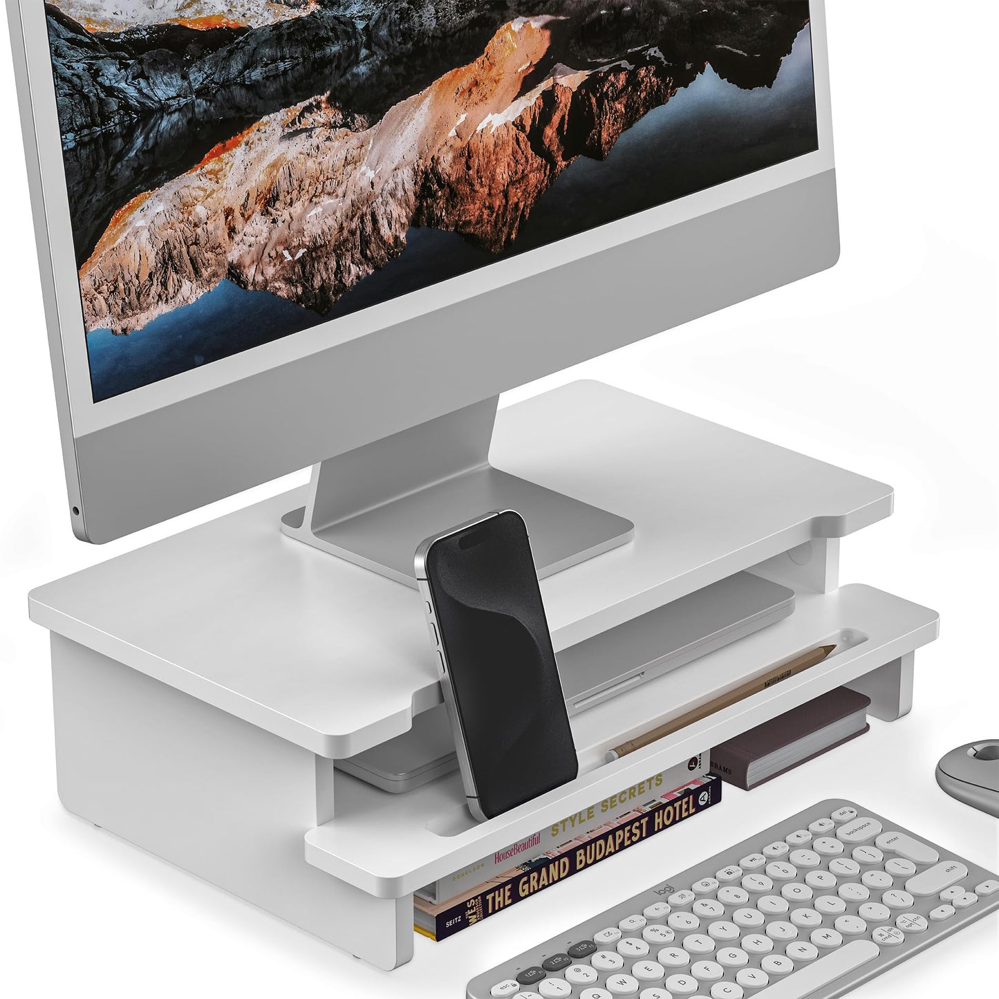 WELL WENG Computer Monitor Stand Riser, 16.5 Inch Wood Desk Shelf Storage Organizer with Phone Tablet Holder, White