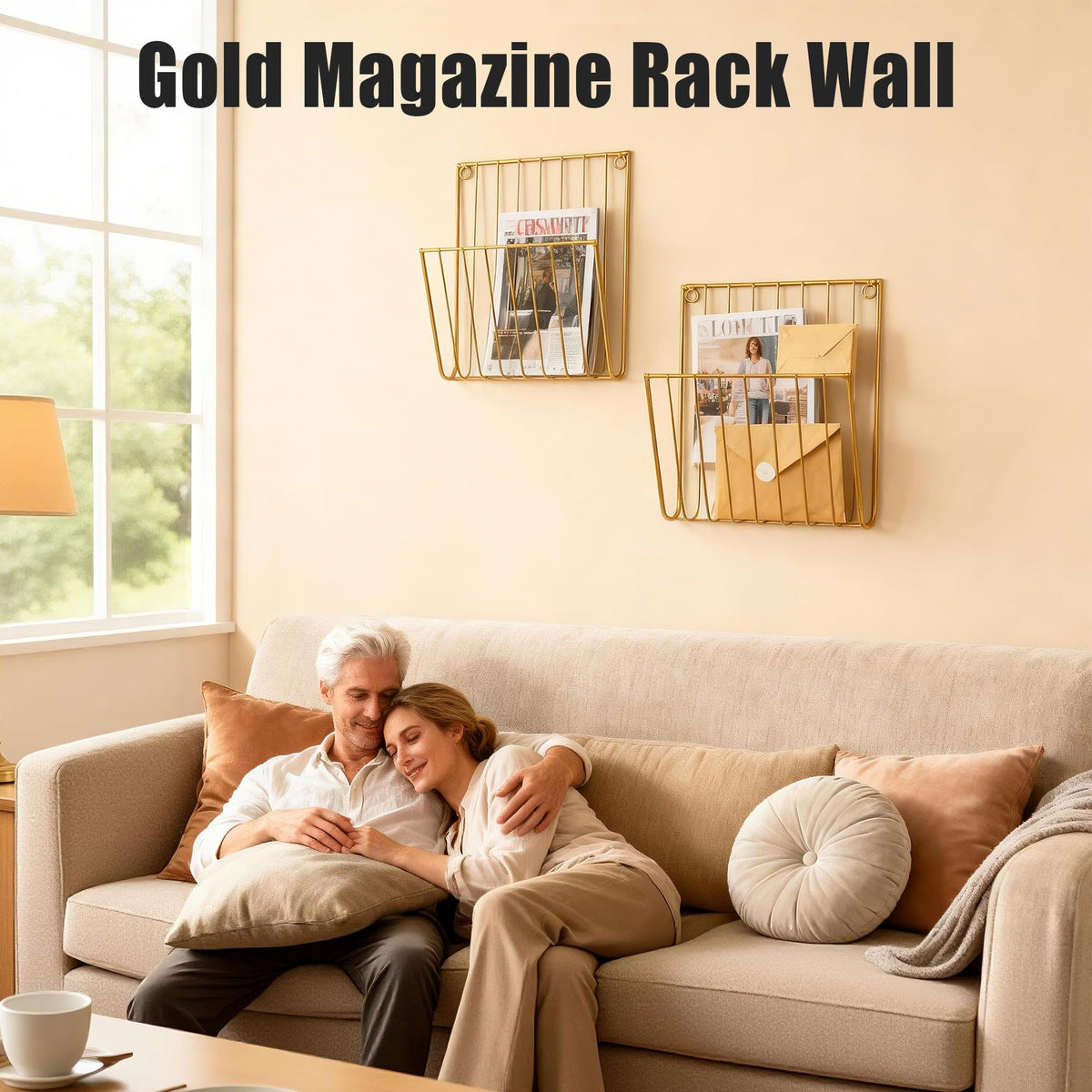 Pipigaty 2-Pack Wall Magazine Holder File Organizer Mental , Wall Mounted Magazine Rack for Space-Saving, Walls Magazine Holder for Mail, Bathroom & Home Office Organizer, Office Living Room(Gold)