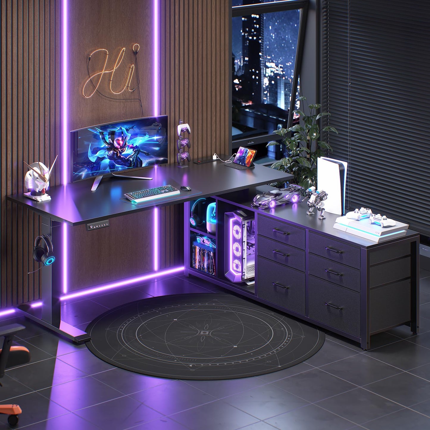 SEDETA L Shaped Electric Standing Desk, 55" x 55" Height Adjustable Office Executive Desk with 6 Fabric Drawers and Storage Shelves, Sit Stand Computer Desk with Power Outlet for Home Office (Black)