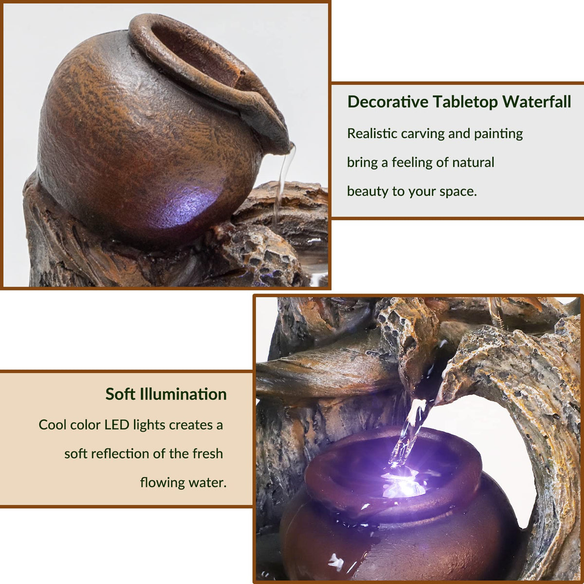 Ferrisland Tabletop Water Fountain Indoor - Tree Trunk with Jar Rustic Fountains Small Feng Shui Zen Waterfall Fountain W/LED Light & Soothing Sounds for Office Home Desktop Decor (Brown)