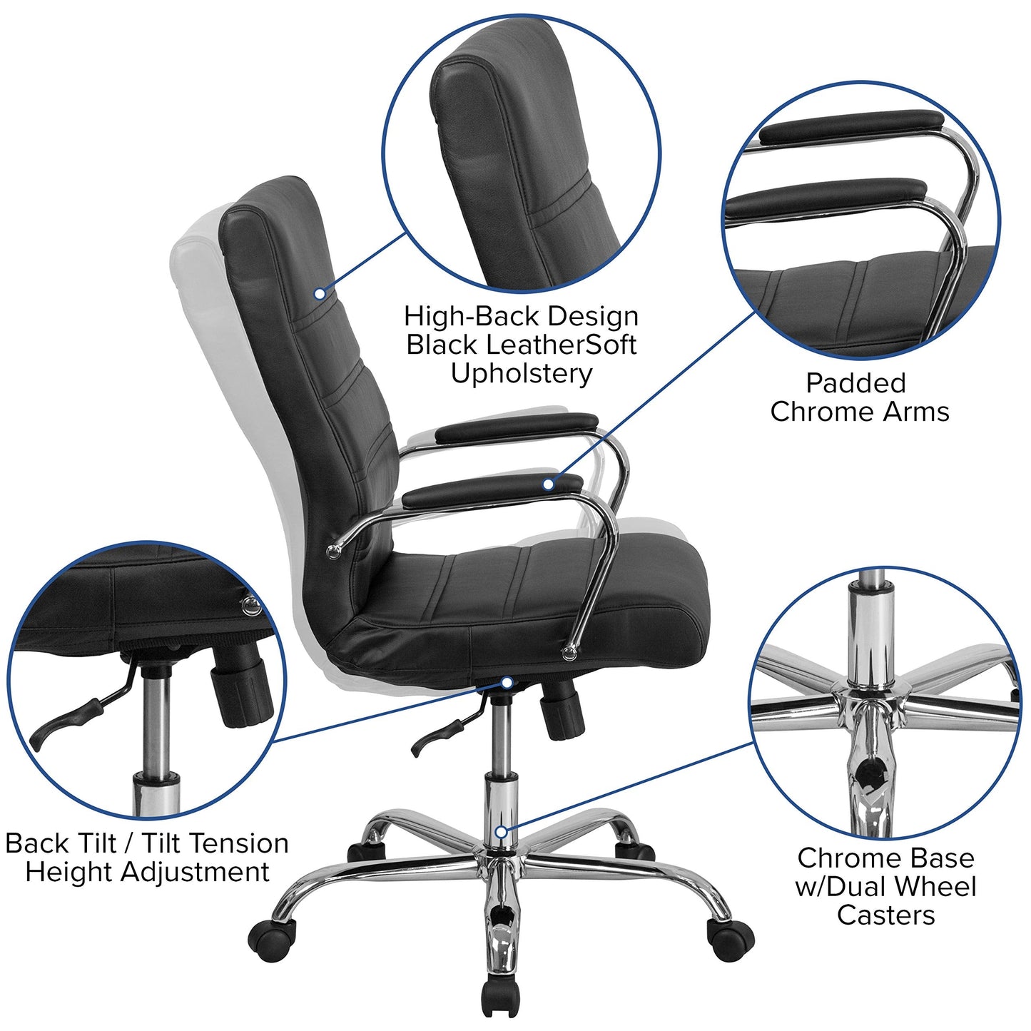 Flash Furniture Whitney High-Back Swivel LeatherSoft Desk Chair with Padded Seat and Armrests, Adjustable Height Padded Office Chair, Black/Chrome