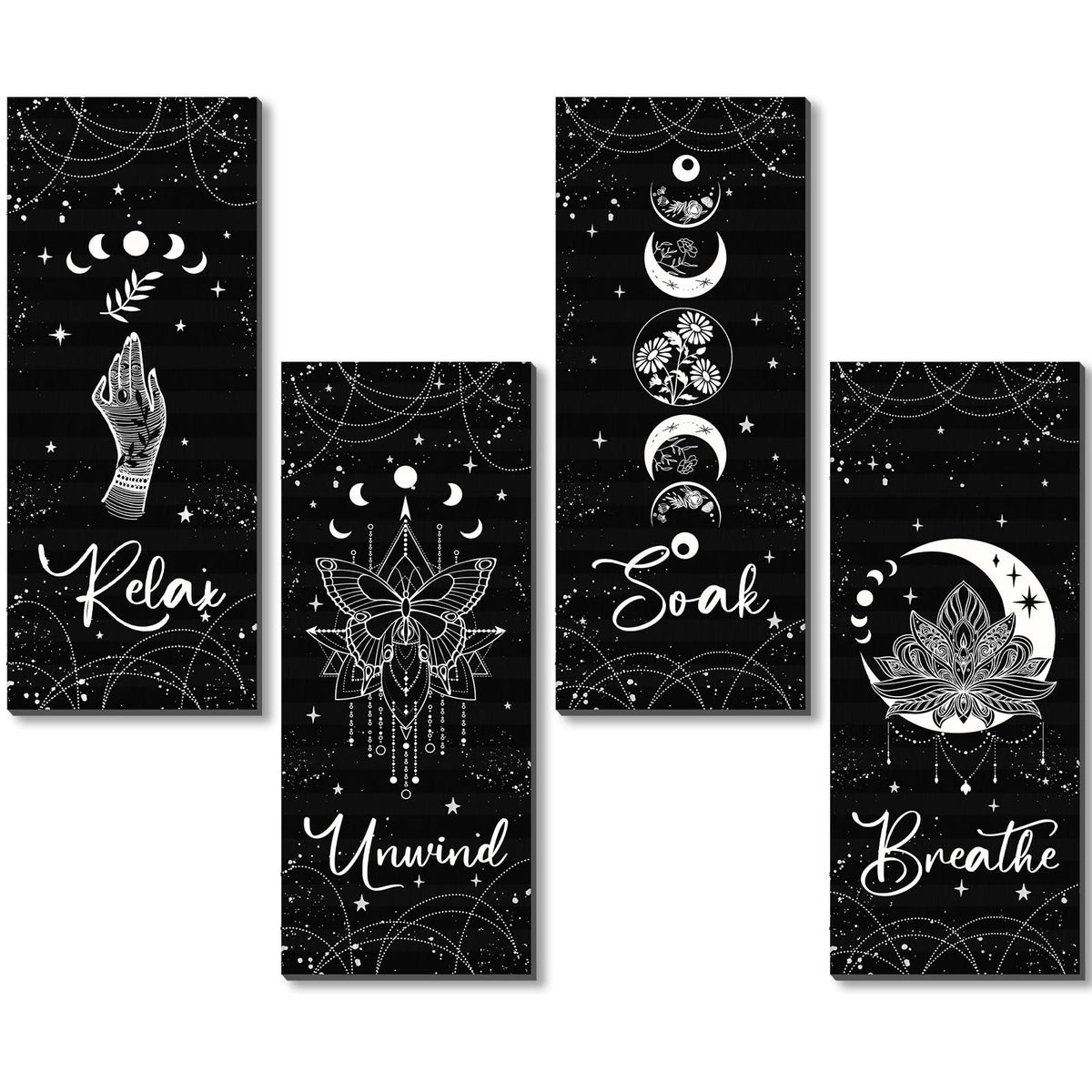 Qunclay 4 Pcs Moon Phase Wall Decor Rustic Boho Wall Art Gothic Witchy Hanging Wooden Ornament Farmhouse Moon Sign for Bedroom Living Room Home Decorations(Black,White)