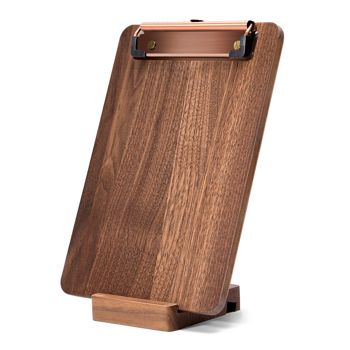 Walnut Wood Clipboard, 9" x 6.3" Small Menu Clip Board with Metal Clip and Stable Base, Solid Hardwood, Smooth Edges, Free Stand Holder for Bar, Restaurant, Coffee Shops, Countertops