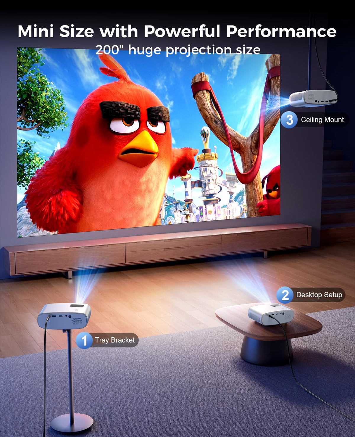 Mini Projector, ELEPHAS Portable Projector for iPhone, 7000L with Synchronize Smartphone Screen, Movie Projector with 1080P HD/200 Screen Support, Compatible with Android/iOS/TV Stick/HDMI/USB/SD