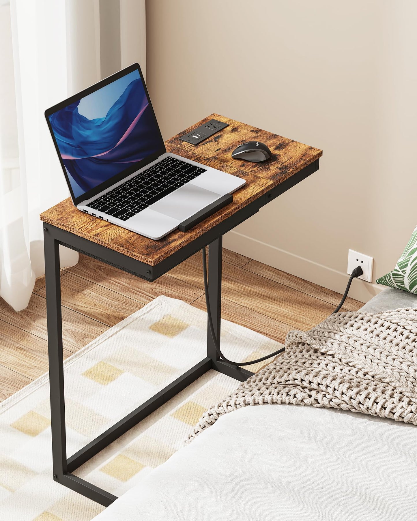 TUTOTAK C Shaped End Table with Charging Station, Tilting Laptop Stand Side Table, Under Couch Table for Living Room Bedroom, Brown TB01BB090