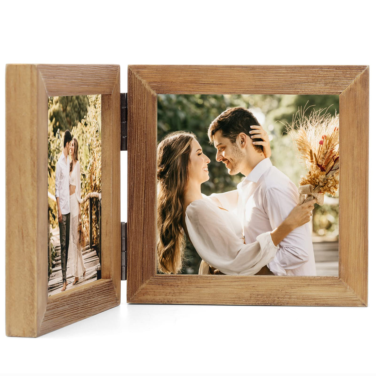 Janreefan Double 4X4 Picture Frames Hinged Folding Rustic Photo Frames in Brown for Wall Hanging or Tabletop Standing, Made of Pine Wood with Real Glass P-44 * 2-MU