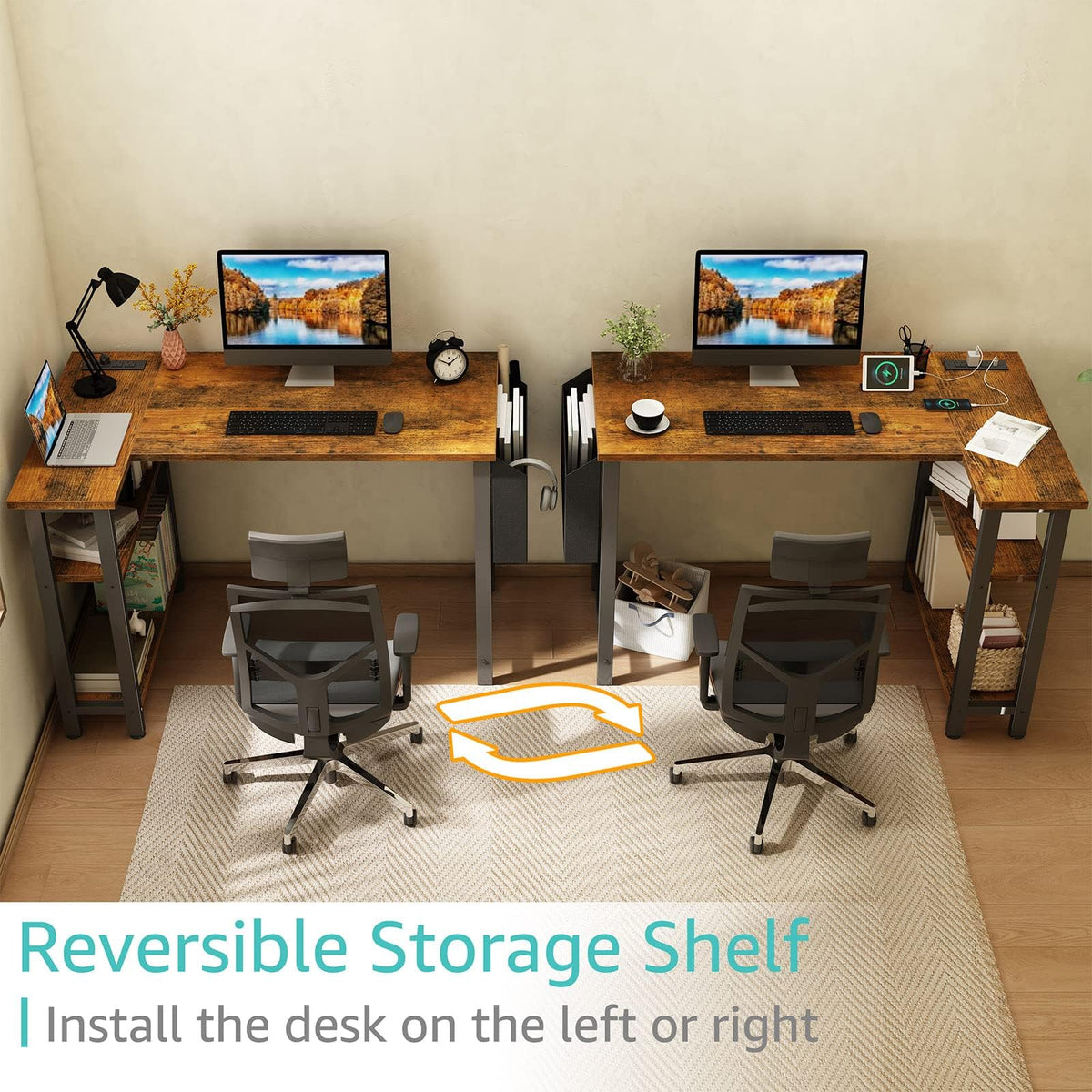 Lufeiya Small L Shaped Desk with Power Outlet Shelves, 40 Inch Reversible Corner Desk for Small Space Home Office, L-Shaped Computer Desk PC Desks with Charging Station, Rustic Brown
