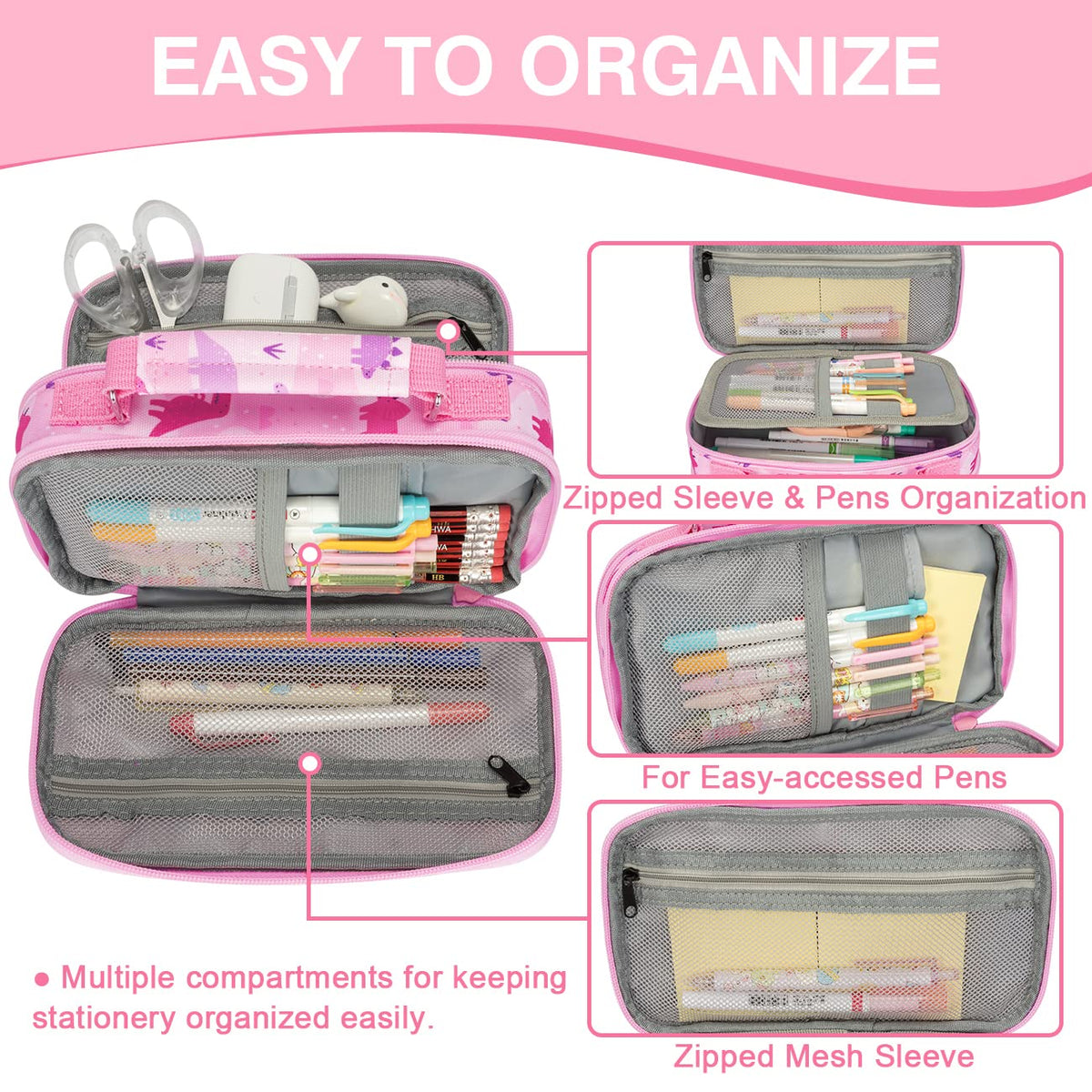 VASCHY Pencil Case for Girls, Aesthetic Kawaii Large Pencil Pouch Stationary Pencil Bag/Box for Preppy Kids, Pen Organizer Holder School Supply Pink Dinos