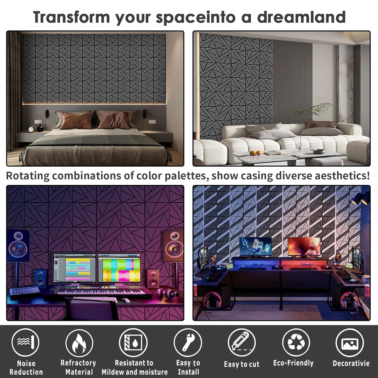 8 Pack Self-Adhesive Soundproof Wall Panels, 12 x 12 x 0.47 in Sound Proof Foam Panels for Walls, 1.2lb/ft³ High Density, Thicker 0.47in, Acoustic Panel, Peel and Stick Wall Panel Studio Black