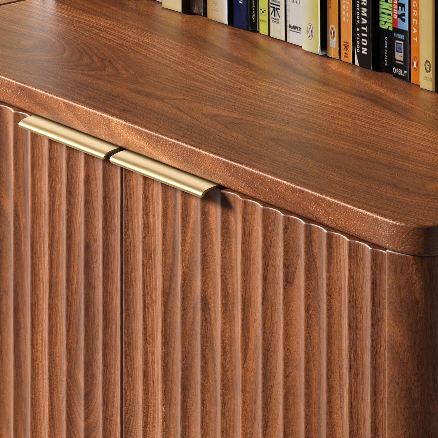 Hootata 71" Walnut Bookcase with Doors, 5 Tier Fluted Tall Bookshelf with Storage, Librero with Cabinet for Home Office, Living Room,or Bedroom