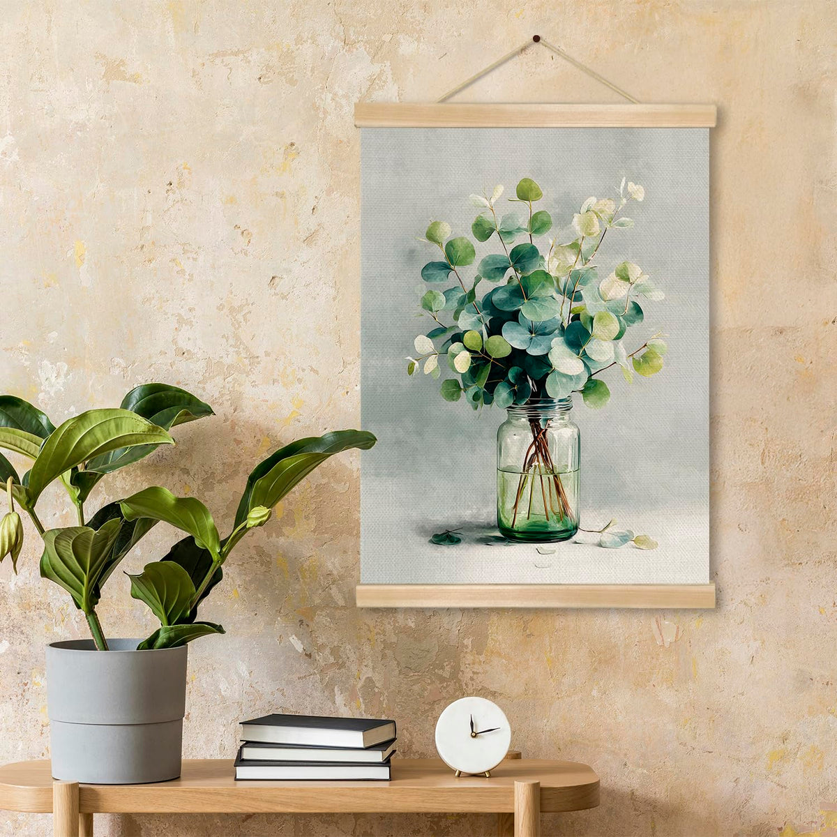 You found a duck Eucalyptus Wall Art, Minimalist Green Botanical Poster on Linen with Glass Jar, Modern Farmhouse or Scandinavian Style Decor for Living Room or Bedroom, 18.5x14 Inch (Green- Leaves)