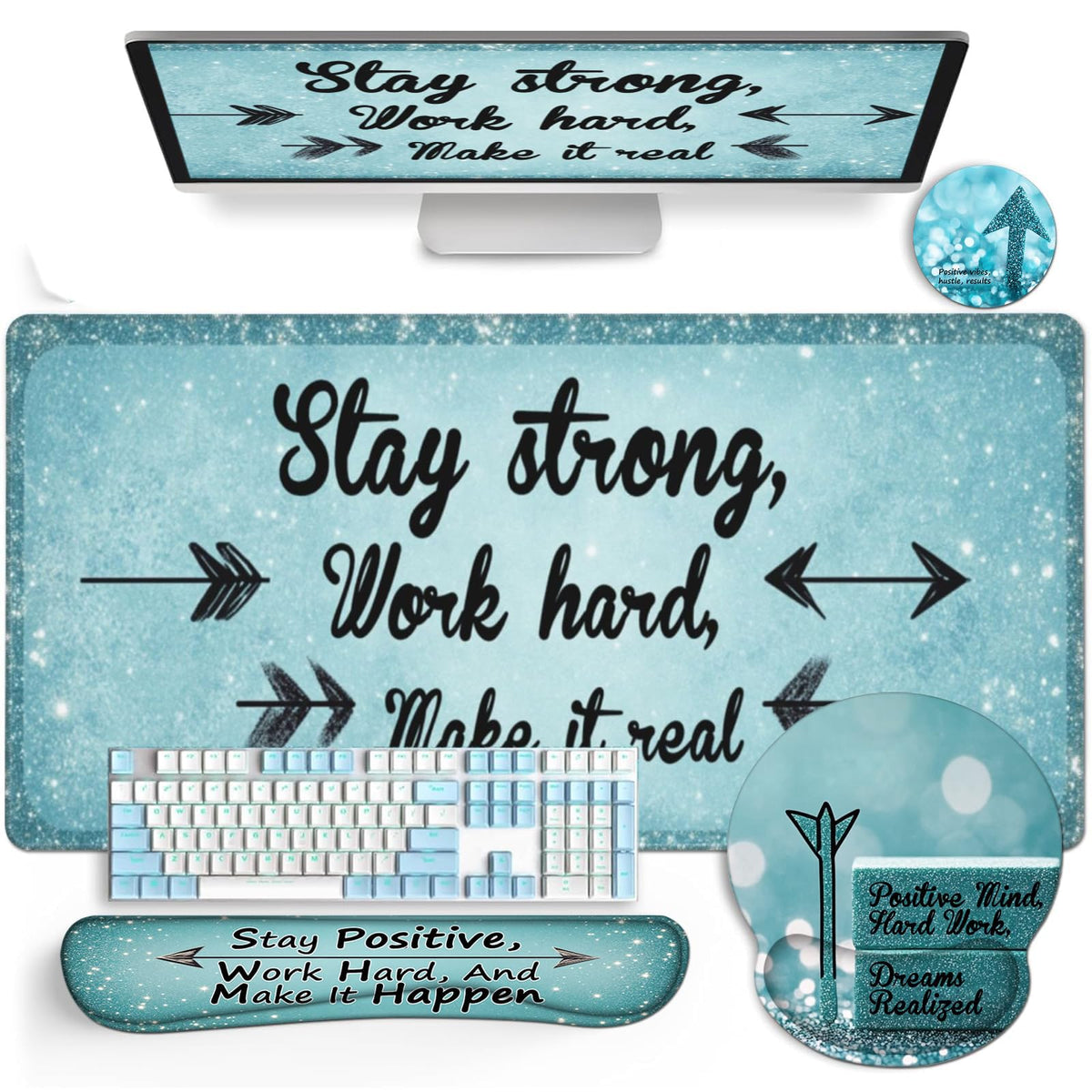 AQQA Desk Mat Desk Pad,5in1 XXL Mousepad + Keyboard Wrist Rest+Mouse Wrist Rest+Coaster Set with Ergonomic Desk Pad for Home Office Desk Accessories Decor Supplies,Stay Positive