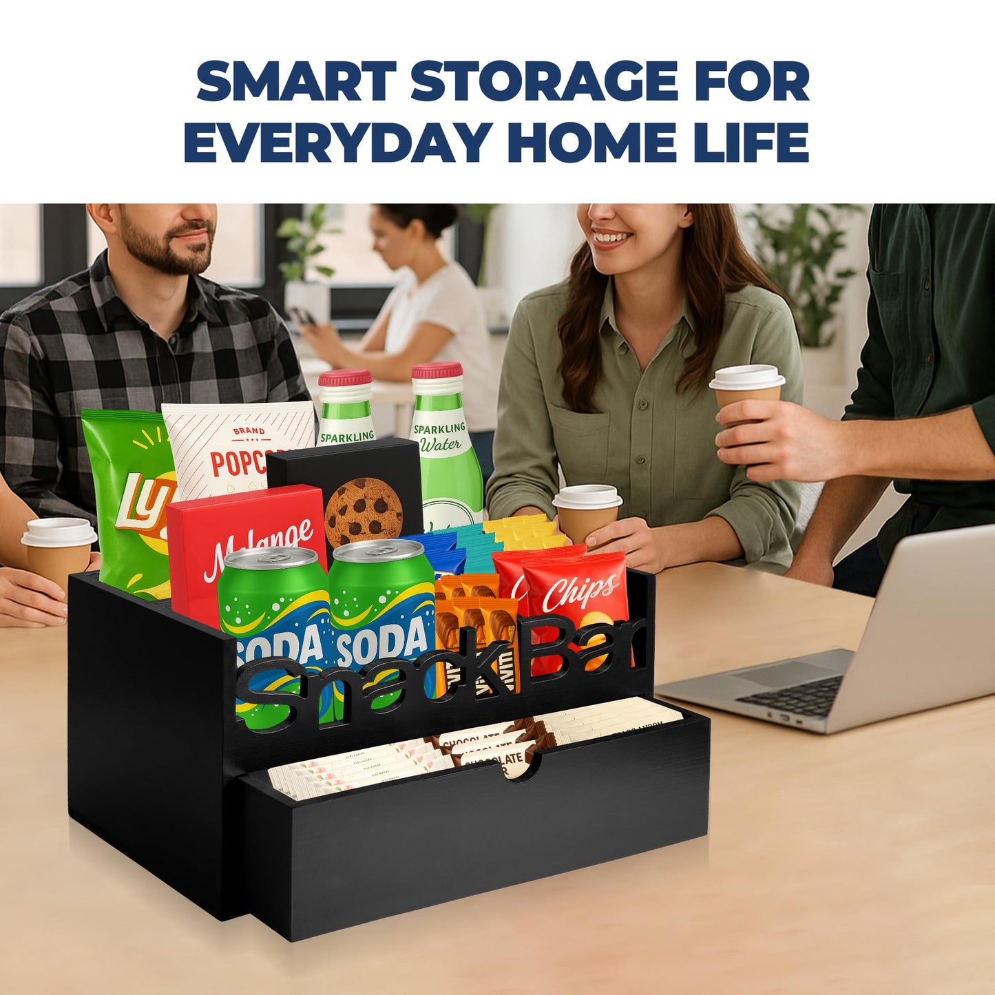 ADDFIT HOUSE Snack Bar Organizer – Black 3 Compartment Station with Drawer, Countertop Pantry Organizer for Kitchen, Office Food Holder, Candy Storage Bin, Display Stand, Cabinet Tray & Shelf