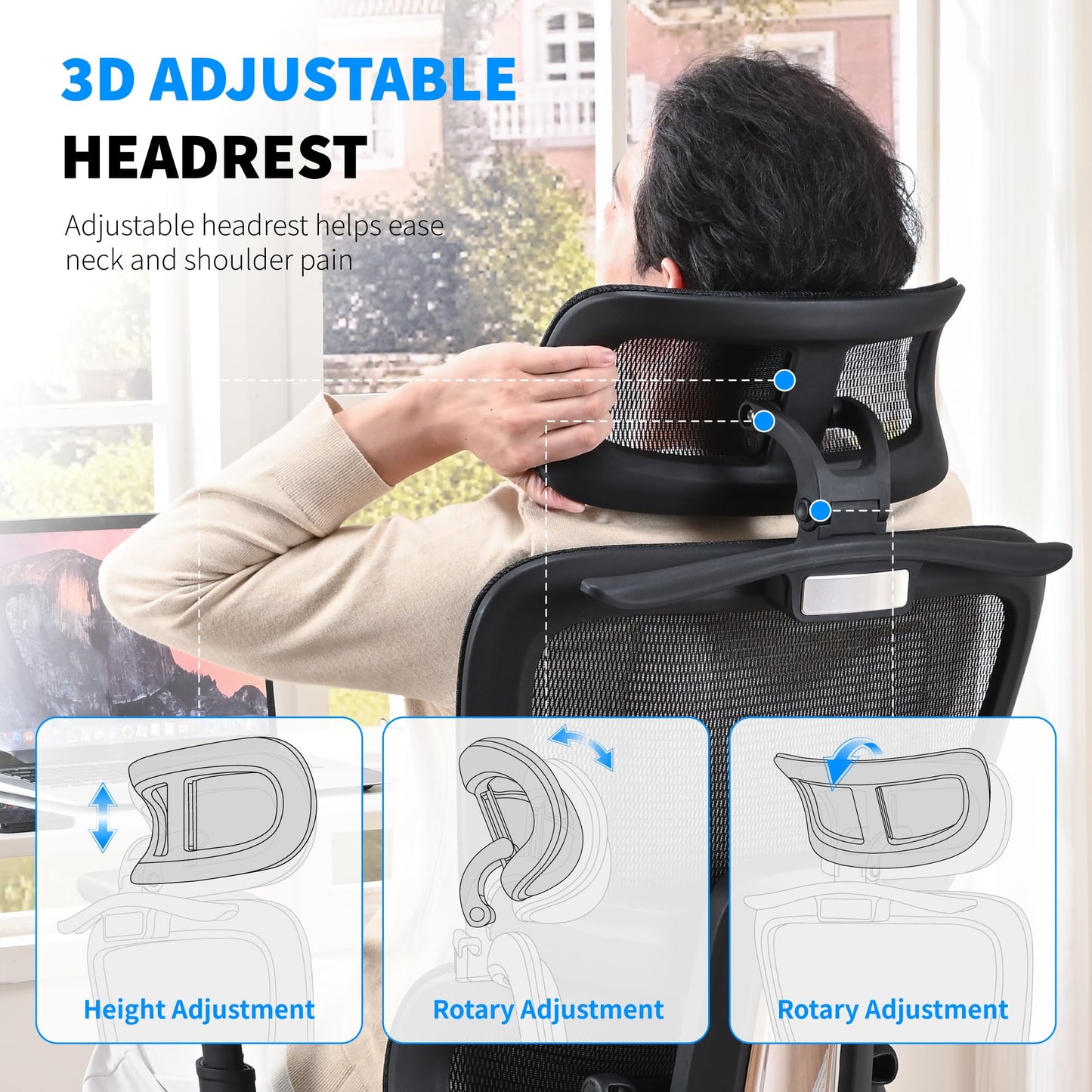 hujusko Mesh Ergonomic Office Chair with Footrest,High Back Mesh Gaming Chair with Lumbar Support,Adjustable Headrest and Armrests for Home Office Desk Chair (Modern, Black)