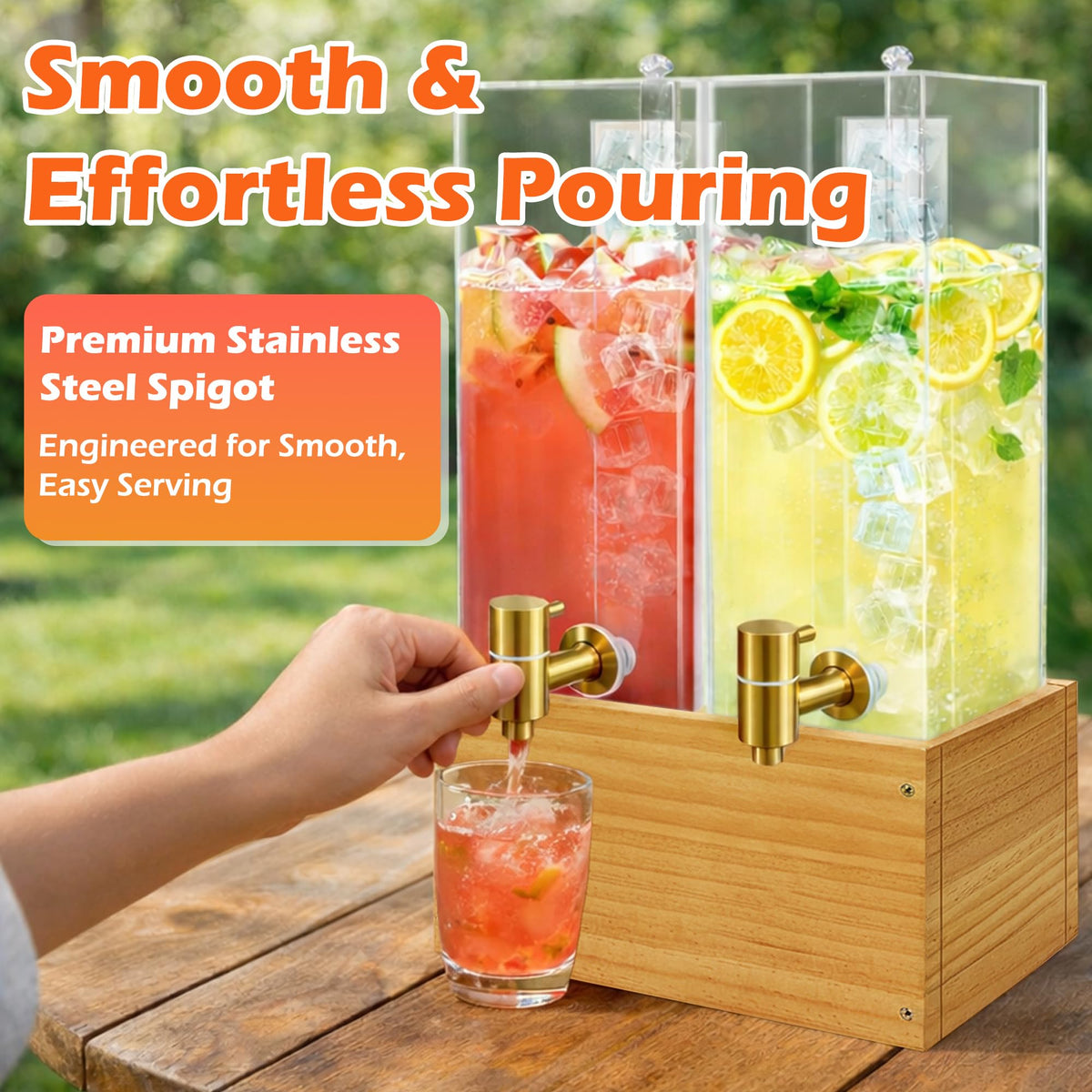 Beverage Dispenser with Stand, 4 Gallon Dual Drink Dispenser Stand, Large Drink Dispenser for Party, Wood Stand
