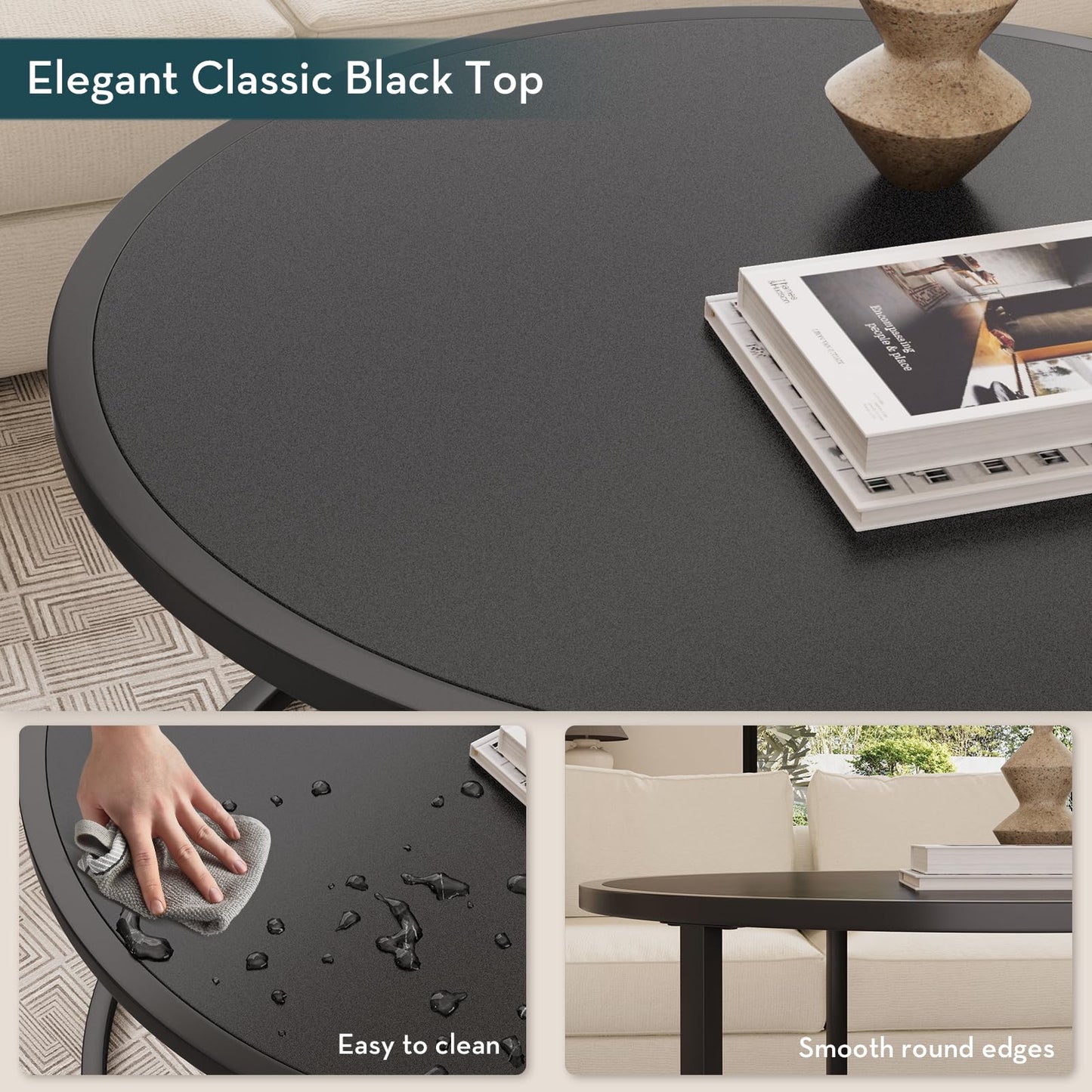 SAYGOER Small Round Coffee Table, Black Coffee Tables for Living Room, Modern Center Table for Small Space Home Office Gardern, 27.6 × 27.6 × 17.7inch, Black