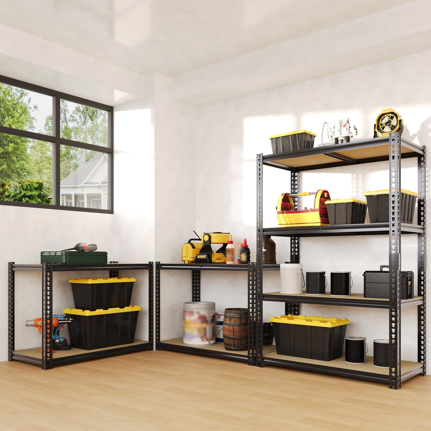 Heavy Duty Metal Storage Shelves, Adjustable 4-Tier Garage Shelving Unit with Eco-Friendly MDF Wood Board, 48" L x 24" W x 59.8" H, 640 lbs Load Capacity Per Shelf, Black, Ideal for Warehouse Storage
