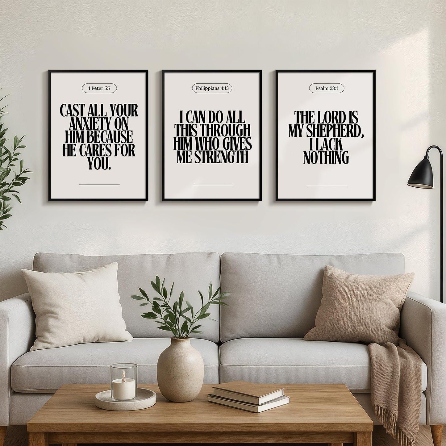 Framed Christian Wall Art Set of 3, Neutral Bible Verse Prints 1 Peter 5 7 Philippians 4 13 Psalm 23 1, Religious Inspirational Scripture Artwork Decor for Living Room Bedroom Prayer Room, 12x16 Inch