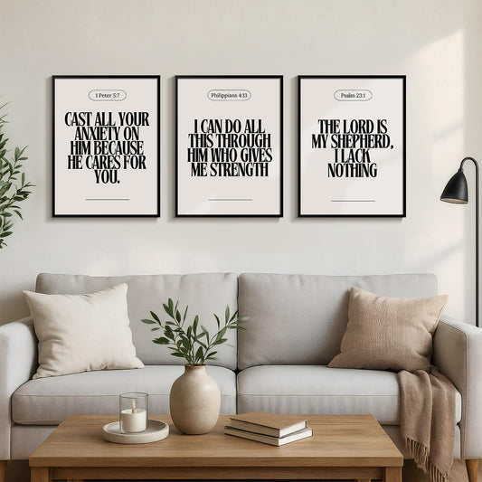 Framed Christian Wall Art Set of 3, Neutral Bible Verse Prints 1 Peter 5 7 Philippians 4 13 Psalm 23 1, Religious Inspirational Scripture Artwork Decor for Living Room Bedroom Prayer Room, 12x16 Inch