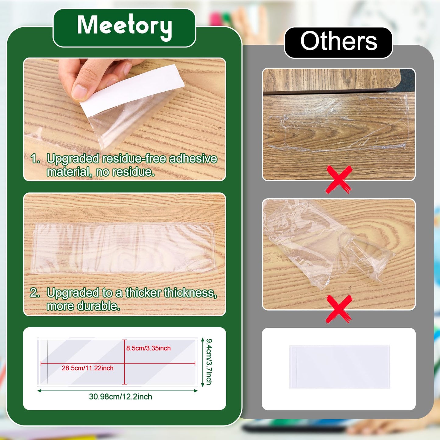 Meetory 40 PCS Upgraded Nameplate Pocket, Self Adhesive Desk Nameplates Name Tag Pocket, No Residue Clear Plastic View Name Tag Sleeves for Classroom Desk, Office Supplies (12.2" x 3.7")