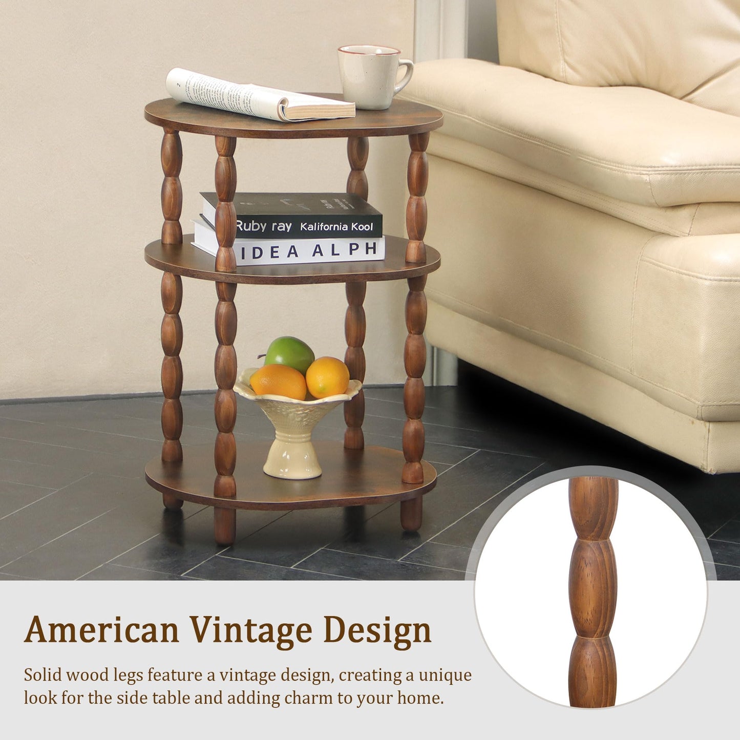 MaxSmeo Side Table with Charging Station, 3-Tier Small End Table with USB Ports and Outlets, Modern Oval Night Stand Accent Table for Living Room, Bedroom, Rustic Brown