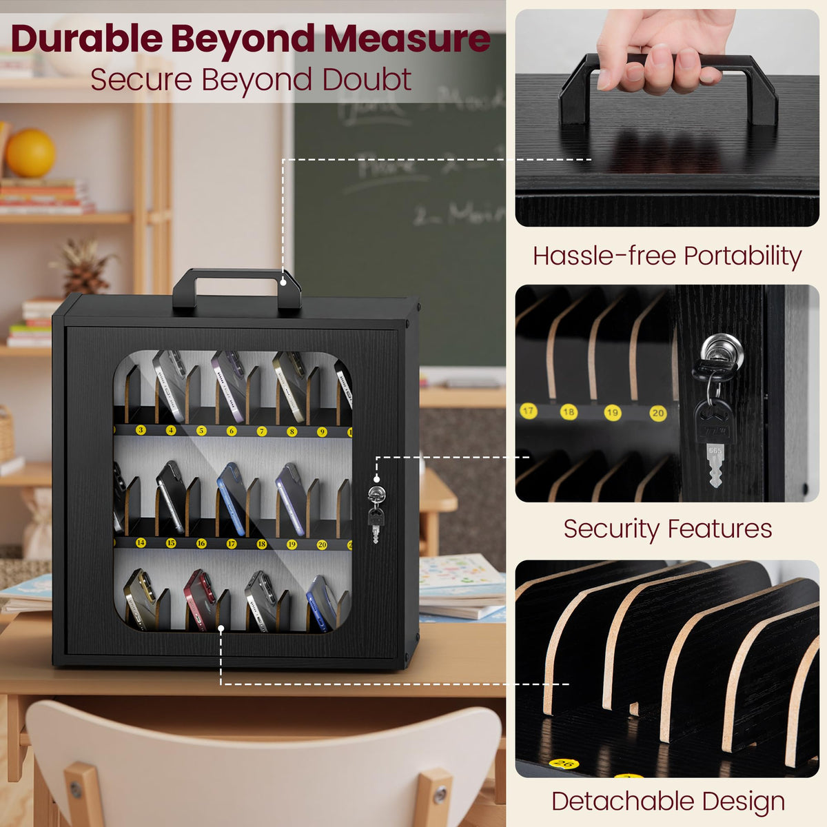 Cell Phone Caddy for Classroom, Adjustable 33 Slots Phone Locker Box for School Home Office Management Easy Assembly Wooden Cellphone Storage Cabinet for Teacher