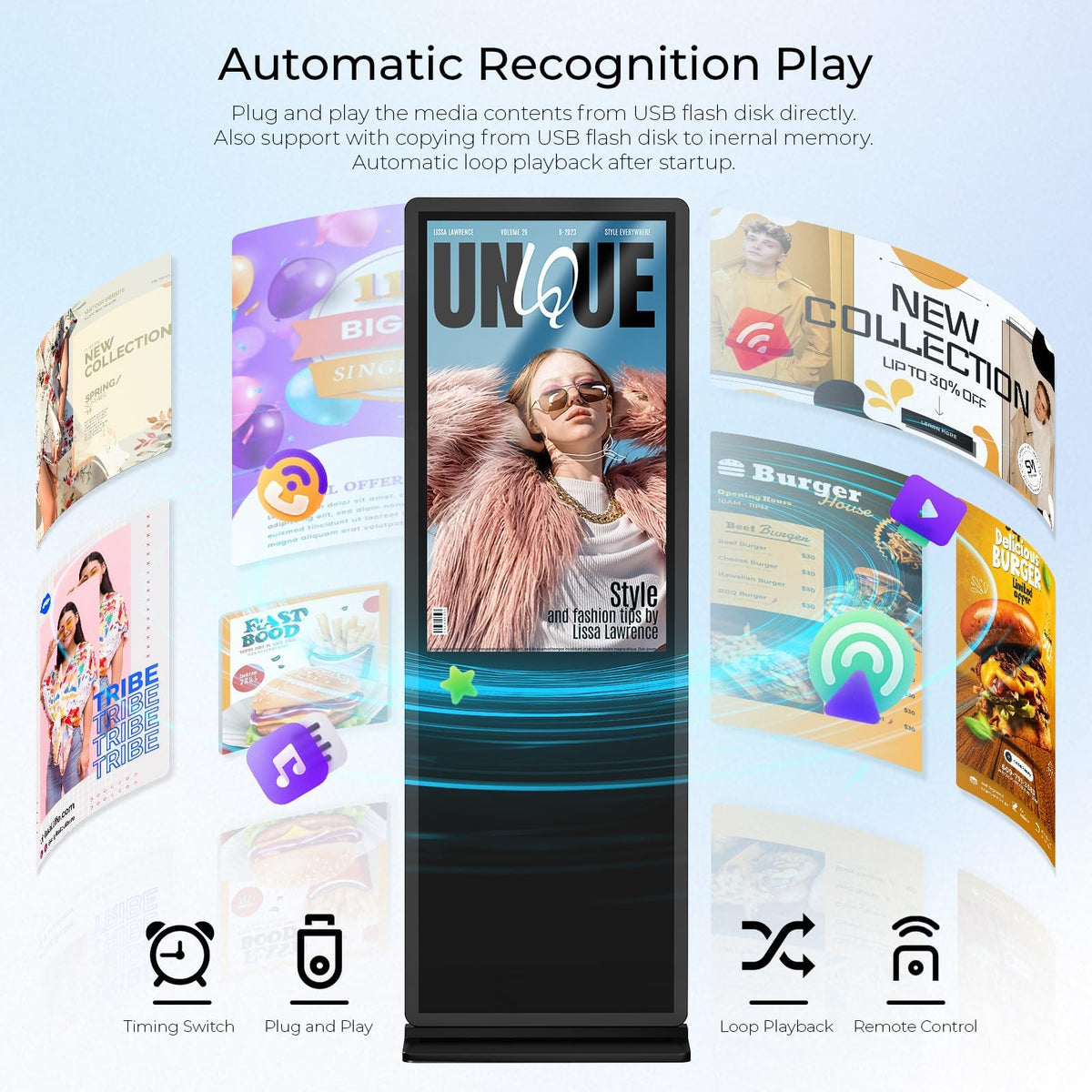 HARZHI 43 inch Digital Signage Display, 4K UHD LCD Screen, Indoor Floor Standing Advertising Kiosk, Android OS, Auto Media Player, HDMI/USB/WiFi (Touch)