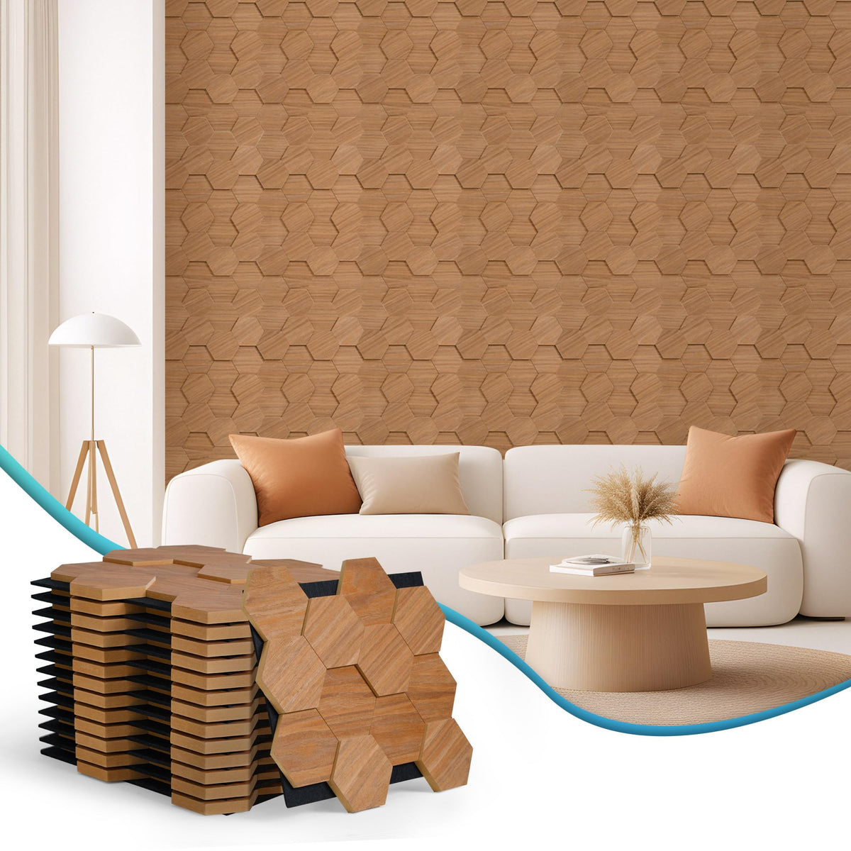 Wood Panels for Wall Hexagon, 15PCS 13.78" x 12" (17.2ft²) Acoustic Wall Panels, Wood Slat Wall Panel for Interior Wall Decor, Living Room, Bedroom, Office, Chestnut Walnut Sound Proof Wall Panels