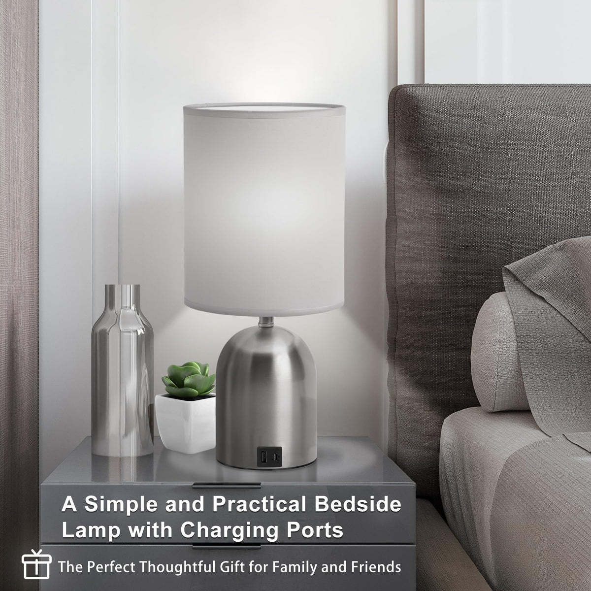 Fttoyoly Bedside Table Lamp for Bedroom, 3 Way Dimmable Touch Small Desk Lamp for Office with USB Charging Port Lamps for Living Room, Bedroom, Reading Room, Office, Grey/Sliver, Silver