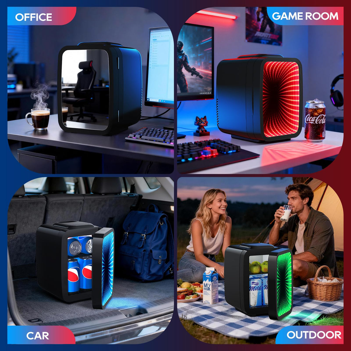 BEICHEN Mini Fridge, 4L/6 Can Small fridge with Dimmable Gaming Light for Bedroom,Office,Gaming room and Car,AC/DC Portable Thermoelectric Cooler & Warmer for Food, Drinks, Skincare,Black