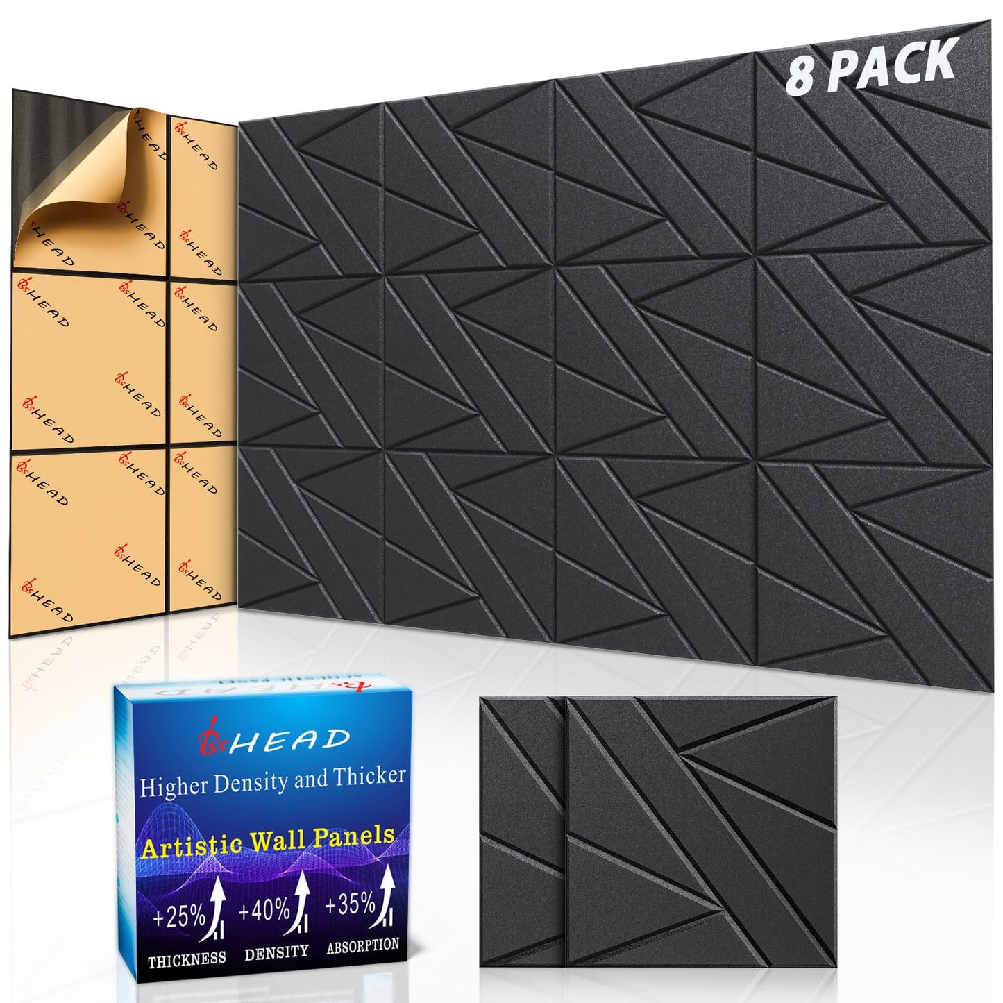 8 Pack Self-Adhesive Soundproof Wall Panels, 12 x 12 x 0.47 in Sound Proof Foam Panels for Walls, 1.2lb/ft³ High Density, Thicker 0.47in, Acoustic Panel, Peel and Stick Wall Panel Studio Black