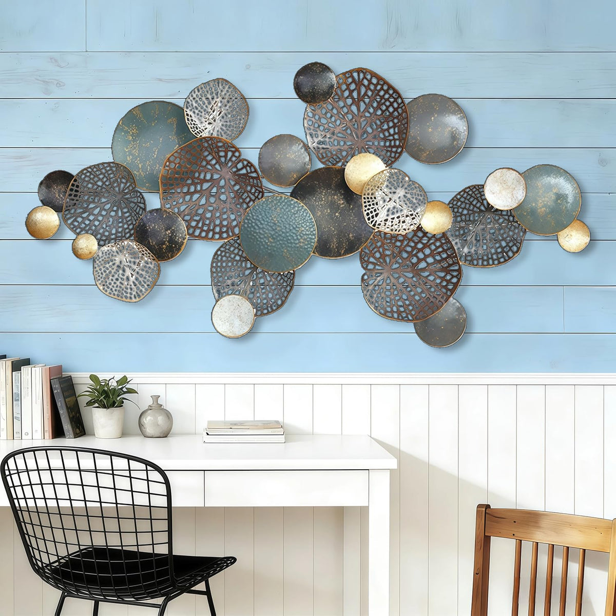 ZZYYZZ Large Metal Wall Decor, Boho Lotus Leaf Metal Wall Decoration, 3D Stacked Flower Wall Art Décor, Nautical Coastal Outdoor Wall Decor, for Living Room Bedroom Dining Room, 52.5" x 26.5"