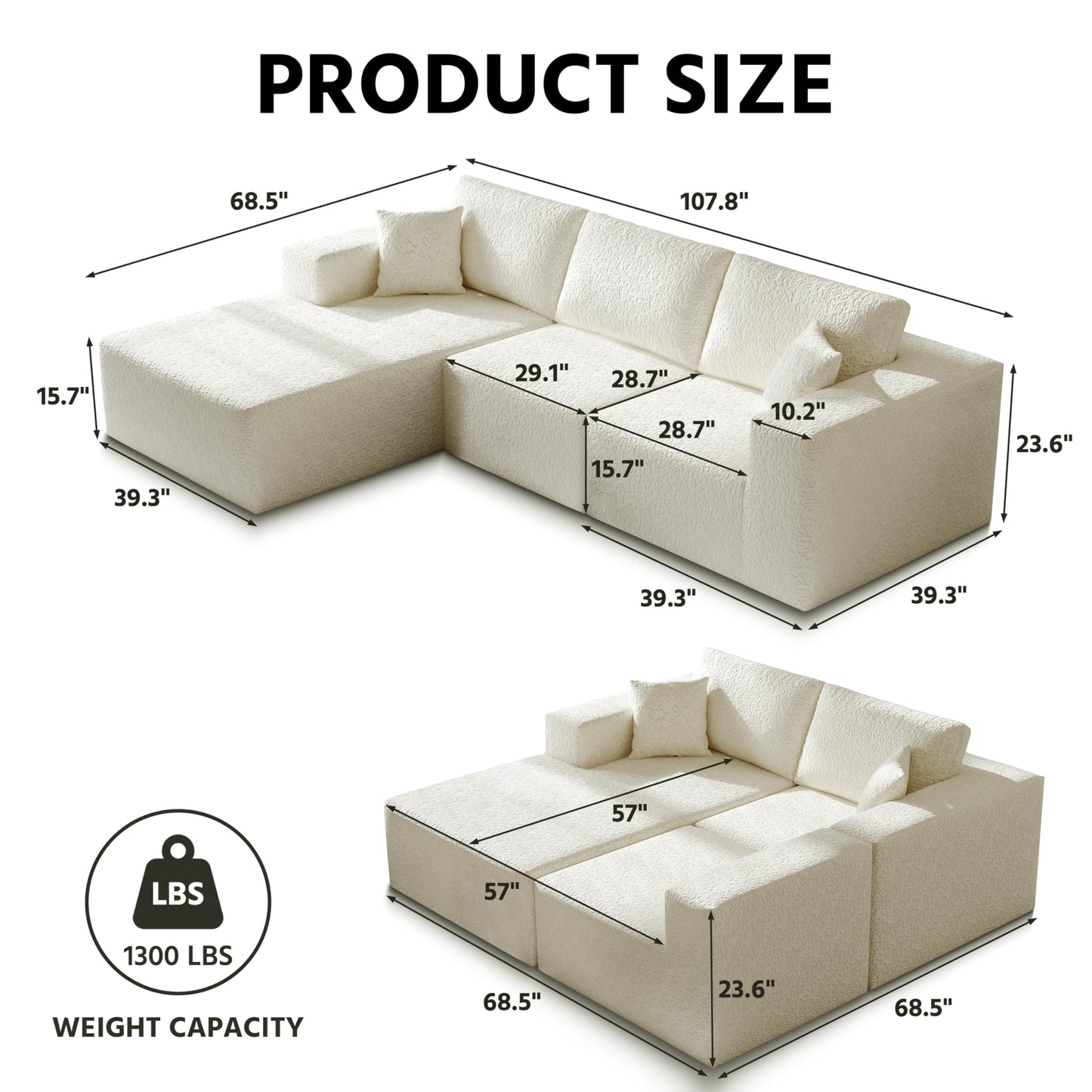 108" Cloud Modular Sectional Couch with L-Shape Chaise, Modern Sectional Sofa with Deep Seat Couch, Ultra Soft Knit Fabric Couches for Living Room, No Assembly Required, Left Facing Chaise (Beige)