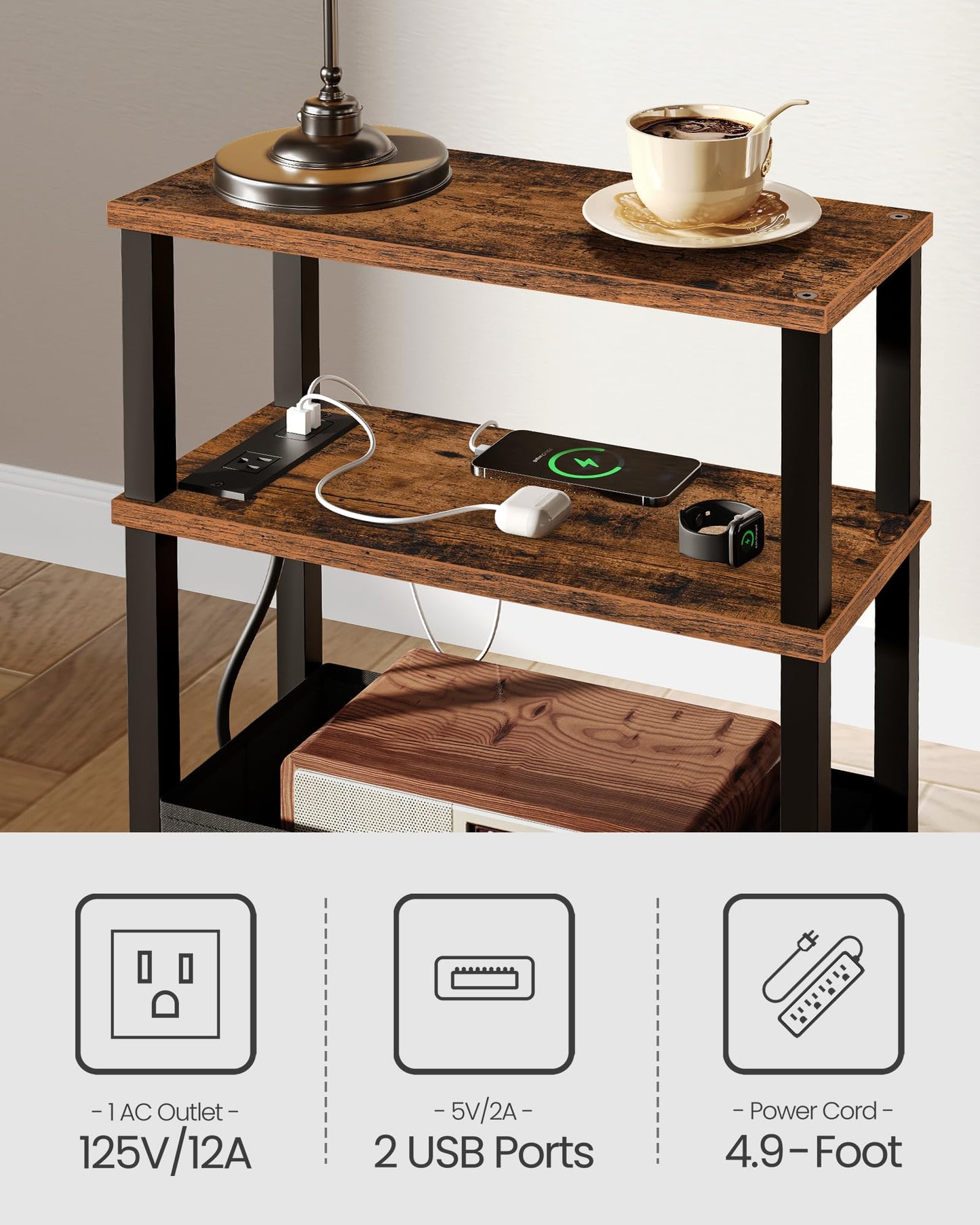 CHOEZON Small Narrow Side Table with Charging Station, Skinny End Table with Fabric Basket, Slim Nightstand for Small Spaces, Sofa Side Table, for Living Room, Bedroom, Rustic Brown and Black TBZ07UBF