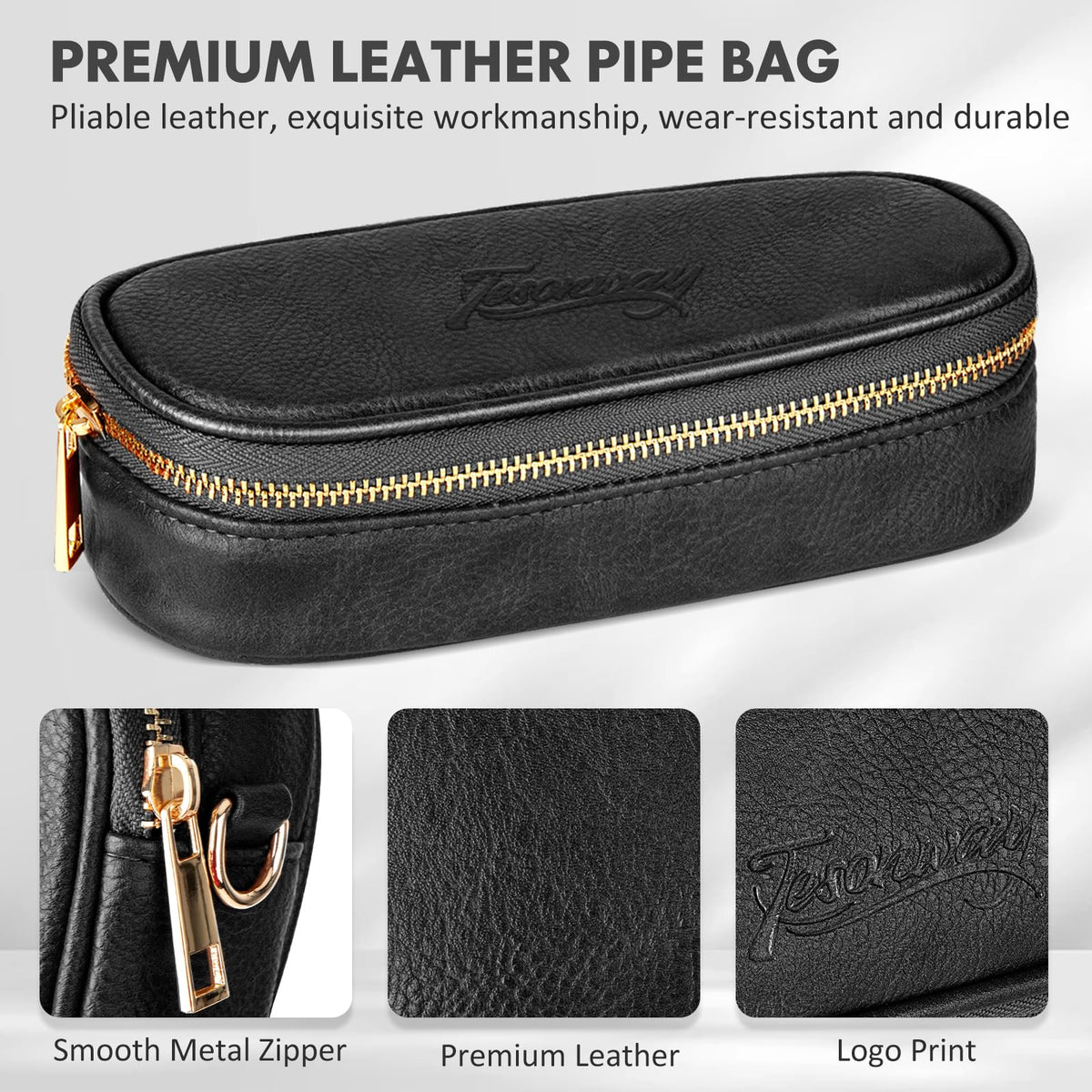Tesonway Pipe Pouch, PU Leather Pipe Case/Pipe Bag for 2 Pipes and Pipe Cleaners, Screens, Tamper and Other Smoking Pipe Accessories, Pipe and Accessories Not Included (Black)