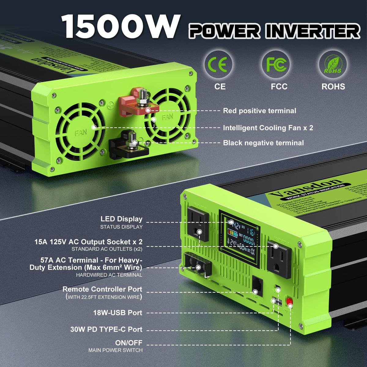 Vansdon 3000W Pure Sine Wave Inverter 12V DC to 120V AC Power Inverters for RV,Truck, Solar, Home, Off-Grid, Car with LCD Display, 3 AC Outlet, 30W USB-C, 5V 2.1A USB,Remote Control, Surge 6000W