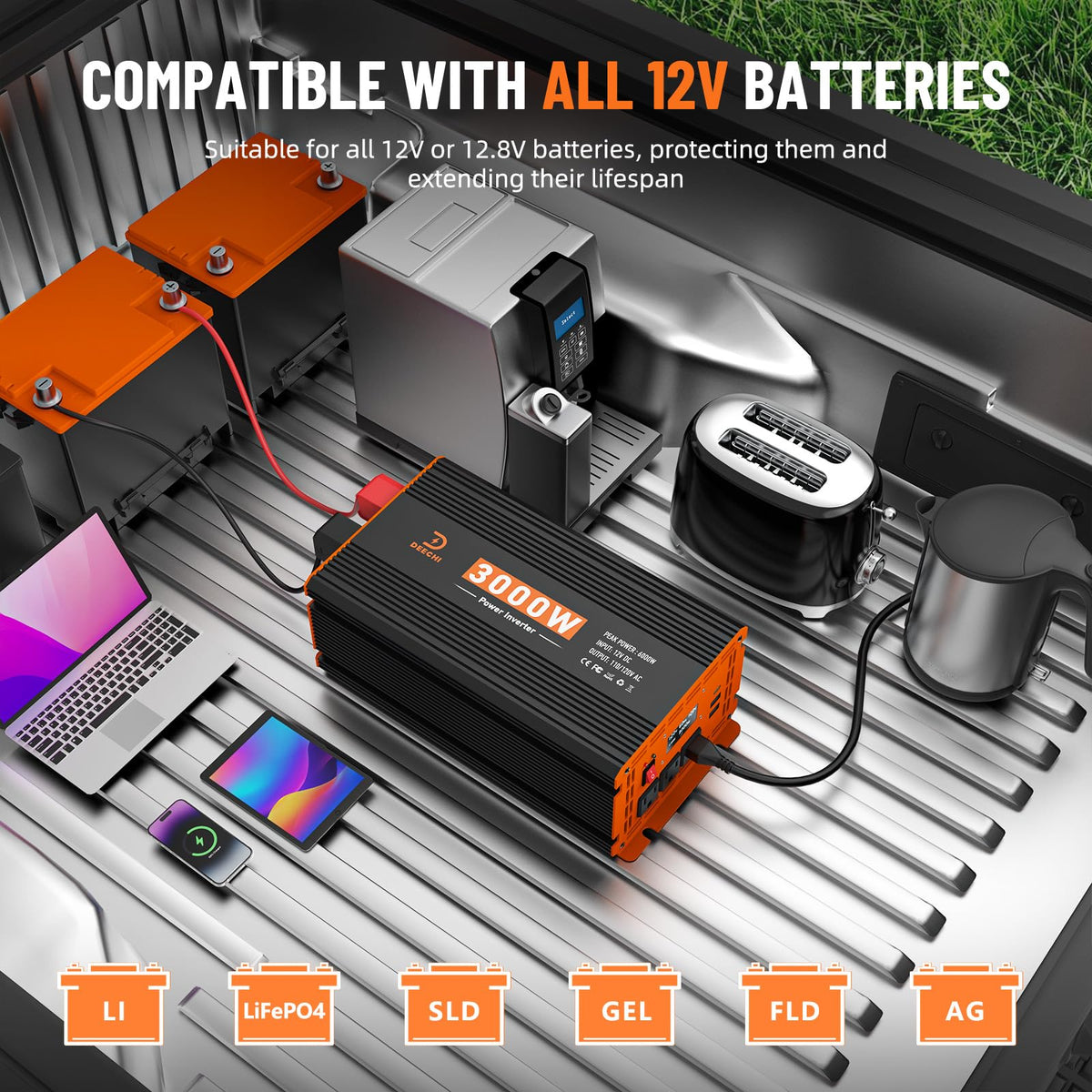 3000W Power Inverter 12V DC to 110V/120V AC Converter for RV/Truck/Boat/Camping/Off-Grid Solar Car Power Inverter Peak Power 6000W with 3 AC Outlets,USB & Type-C Port, Remote Controller & LCD Screen