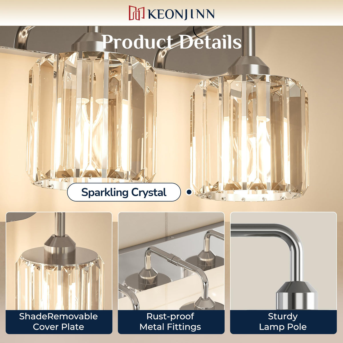 Keonjinn 5-Light Bathroom Light Fixtures, Crystal Chrome Bathroom Vanity Lights Over Mirror, Vanity Lighting Fixtures with Crystal Square Shades (E26 Socket, Exclude Bulb)