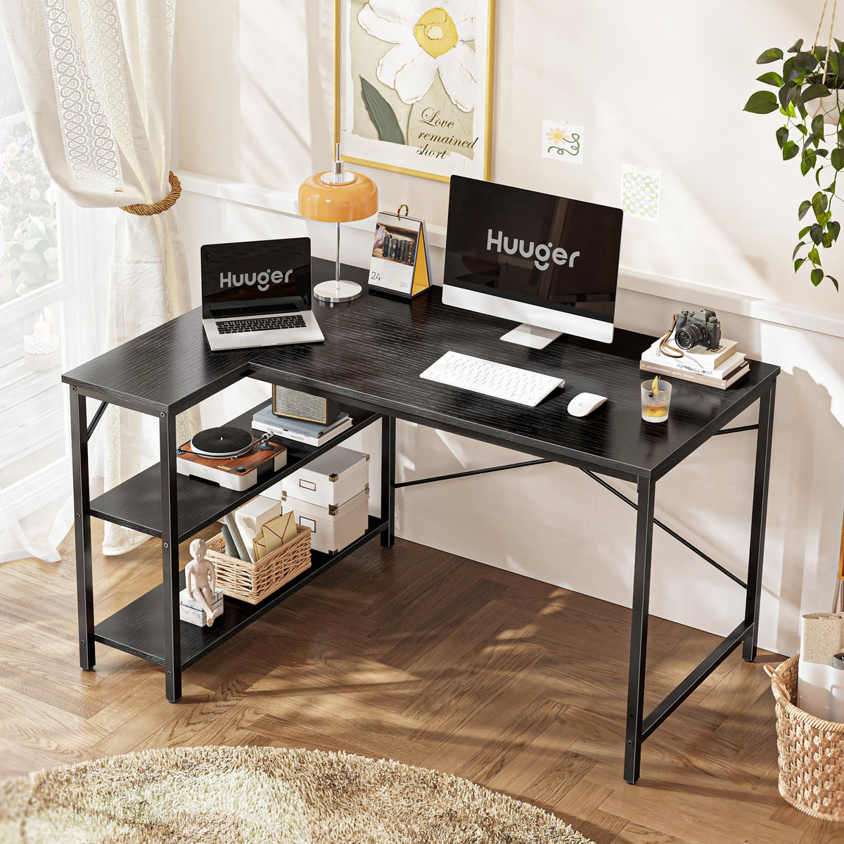 Huuger L Shaped Desk, 47 Inches Computer Desk with Reversible Storage Shelves, Gaming Corner Home Office Writing Study with Metal Frame, Black