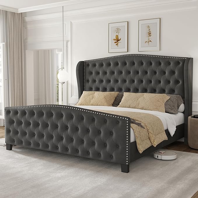 LARMACE King Size Bed Frame Velvet Upholstered Platform Bed