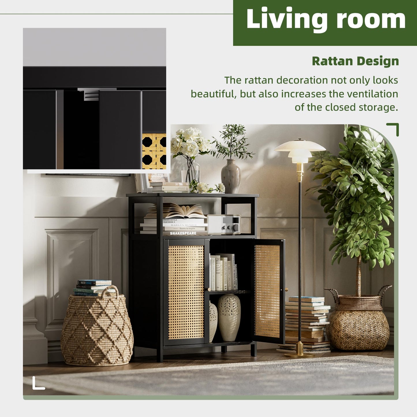 vovala Bamboo Floor Rattan Cabinet, Bathroom Storage Organizer Rack with 2 Doors and 1 Shelf, Space Saving Wood Kitchen Cupboard, Hallway Side Table, Living Room Freestanding Stand (Black)